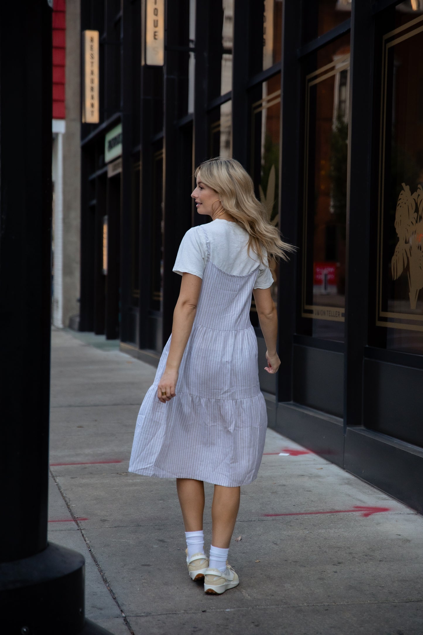 Lena Tiered Linen Dress in Beige and White Stripe