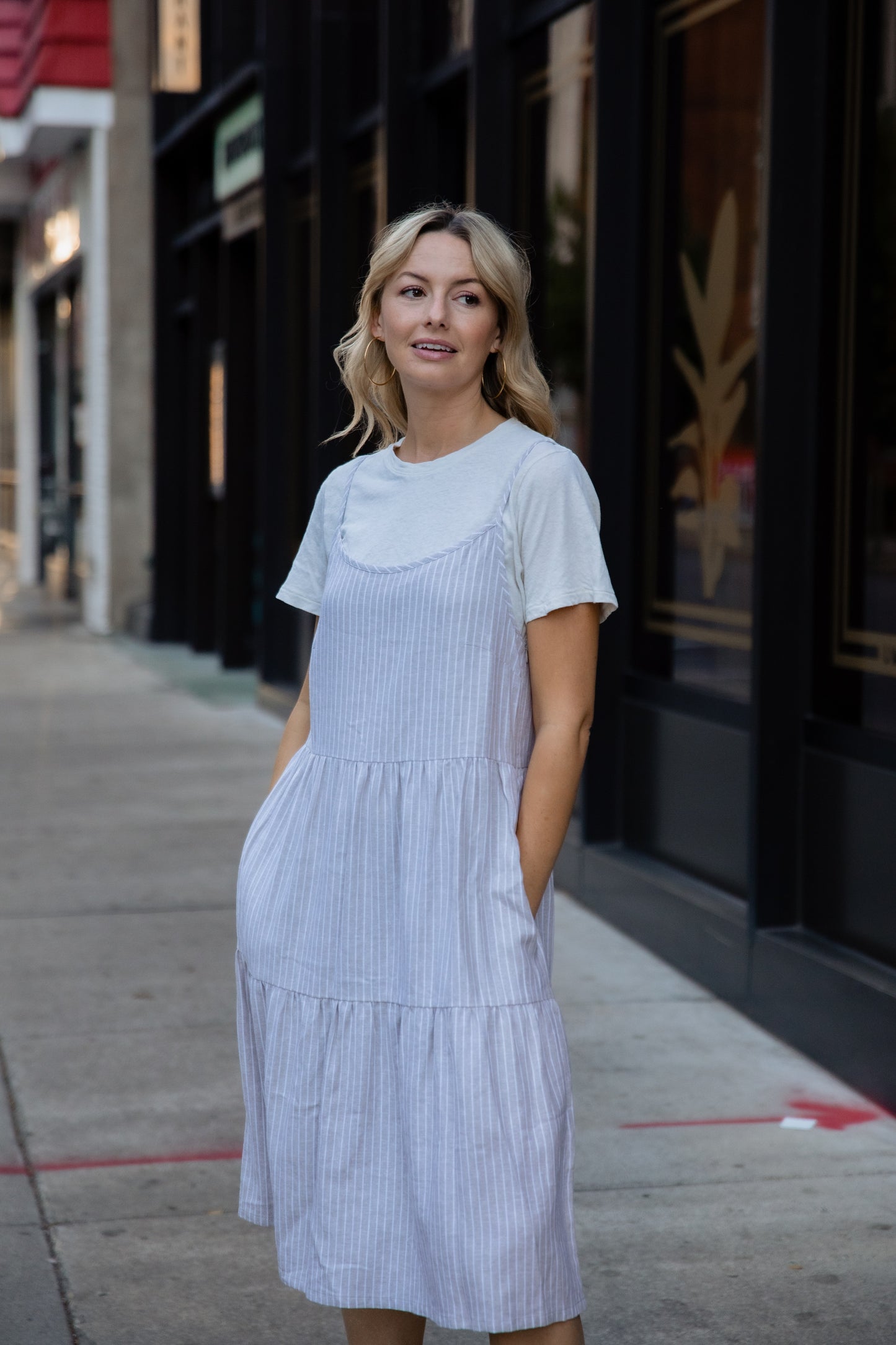 Lena Tiered Linen Dress in Beige and White Stripe