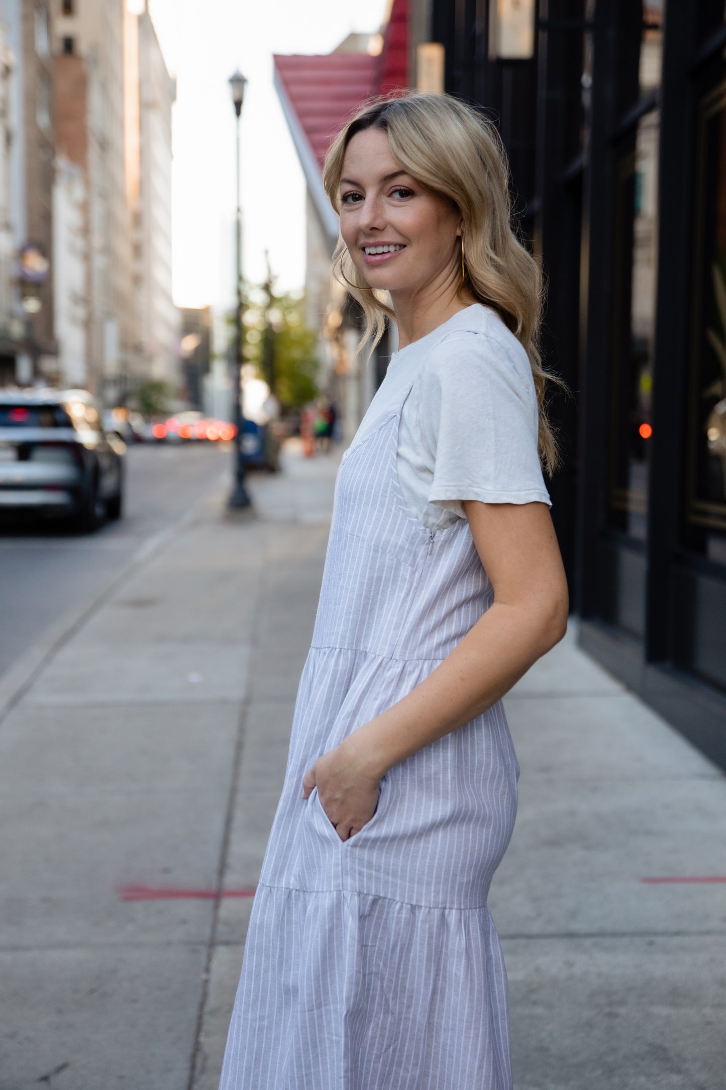 Lena Tiered Linen Dress in Beige and White Stripe