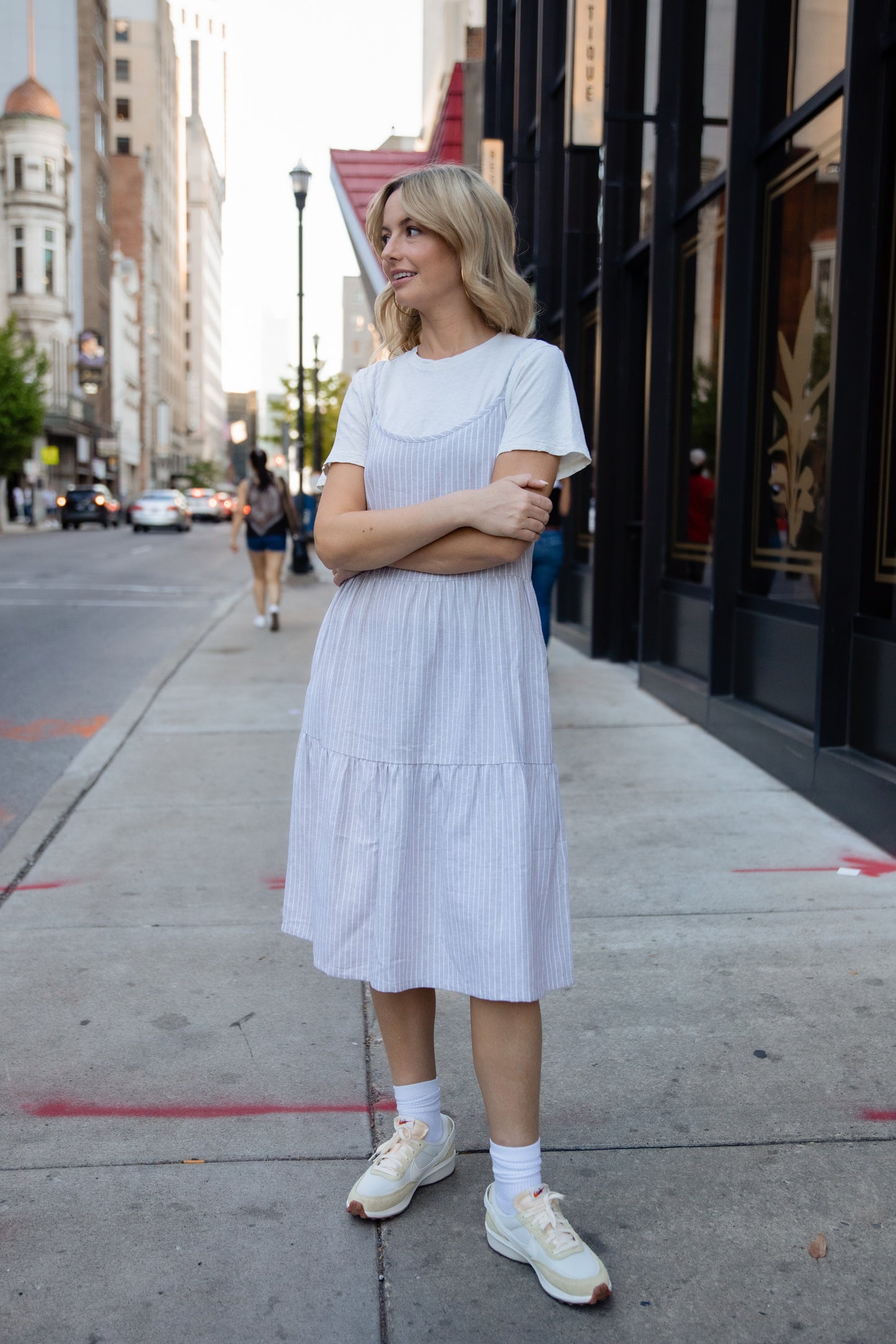 Lena Tiered Linen Dress in Beige and White Stripe