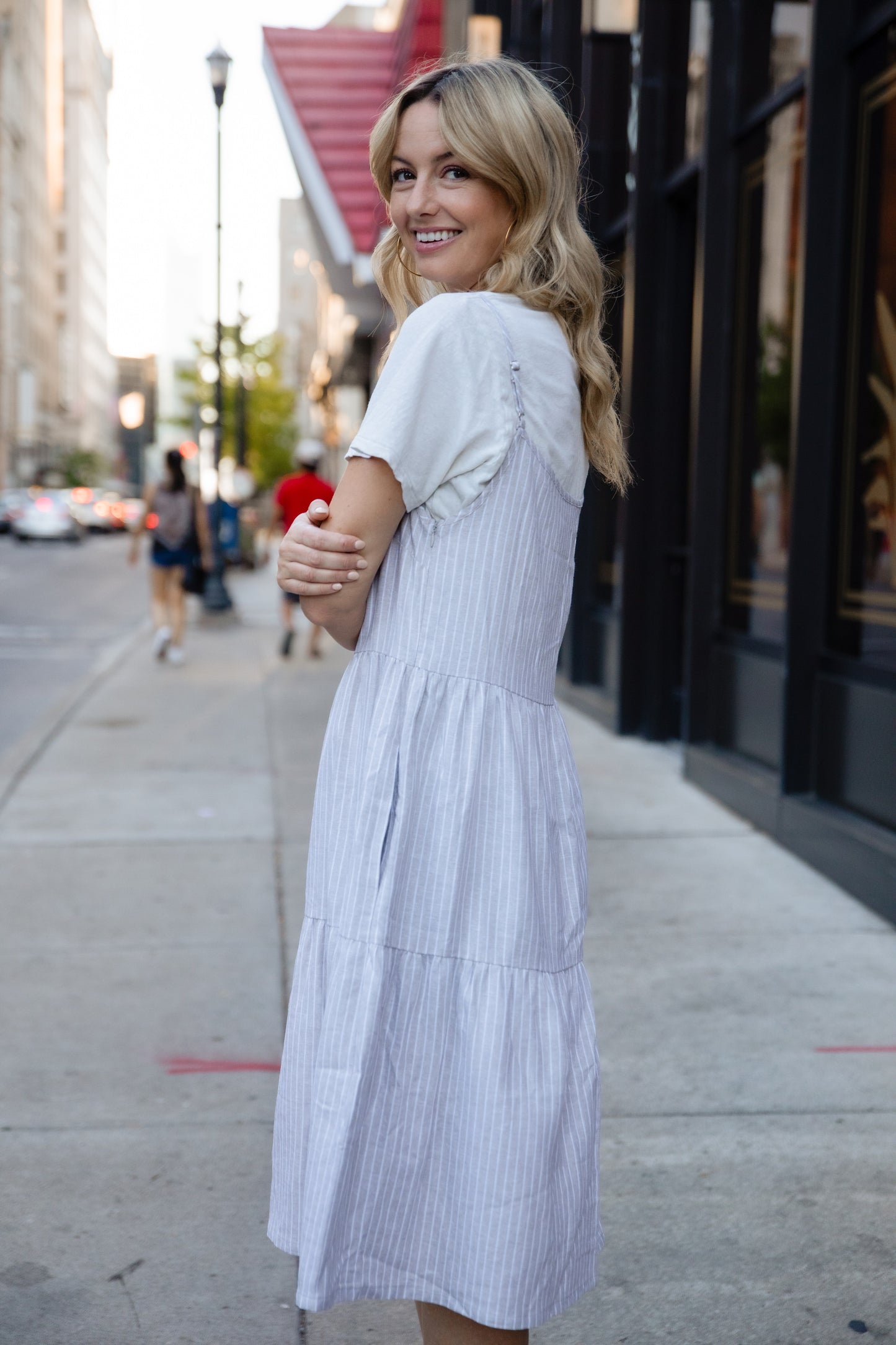 Lena Tiered Linen Dress in Beige and White Stripe