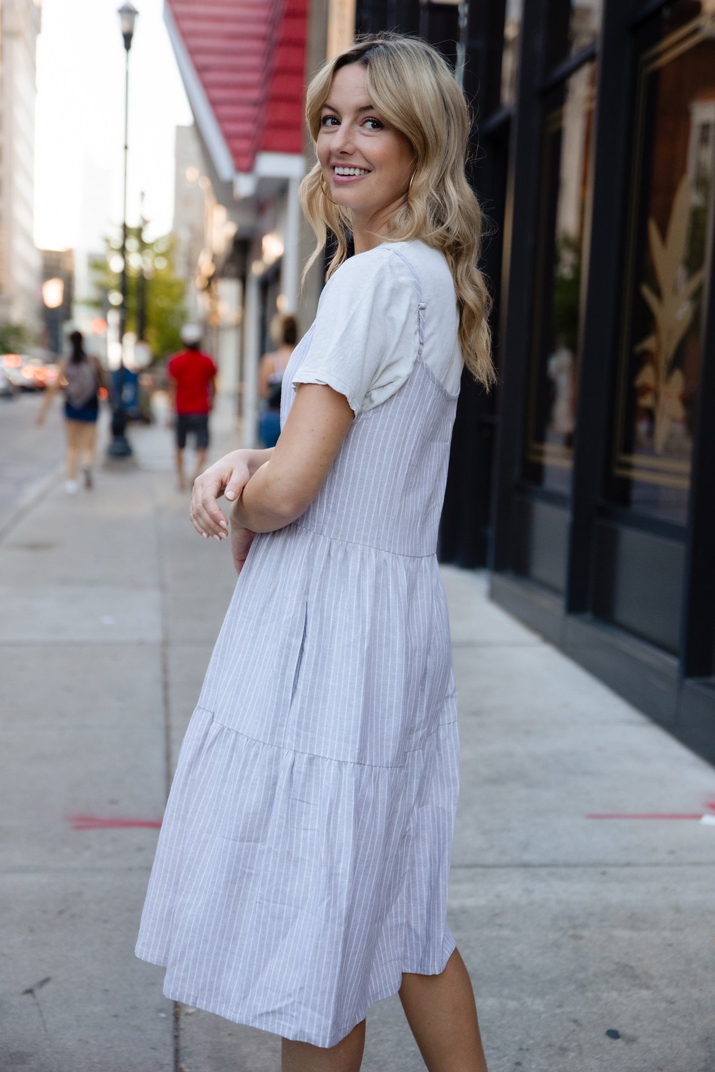 Lena Tiered Linen Dress in Beige and White Stripe