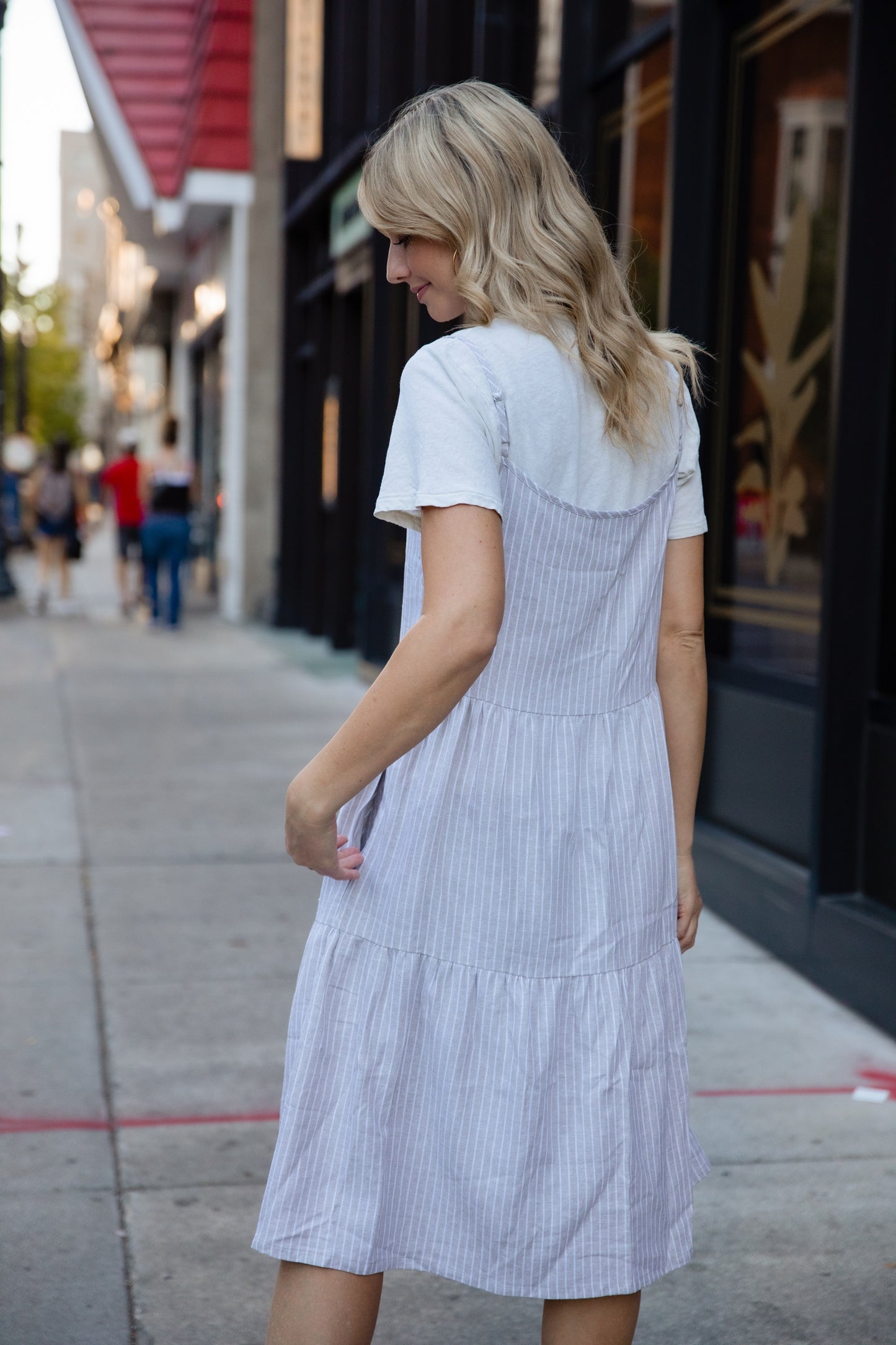 Lena Tiered Linen Dress in Beige and White Stripe