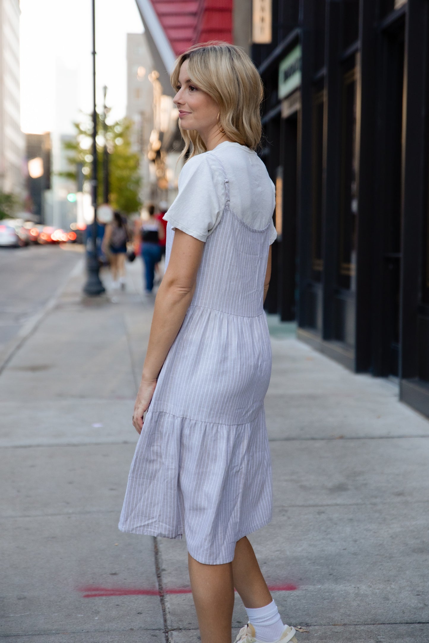 Lena Tiered Linen Dress in Beige and White Stripe