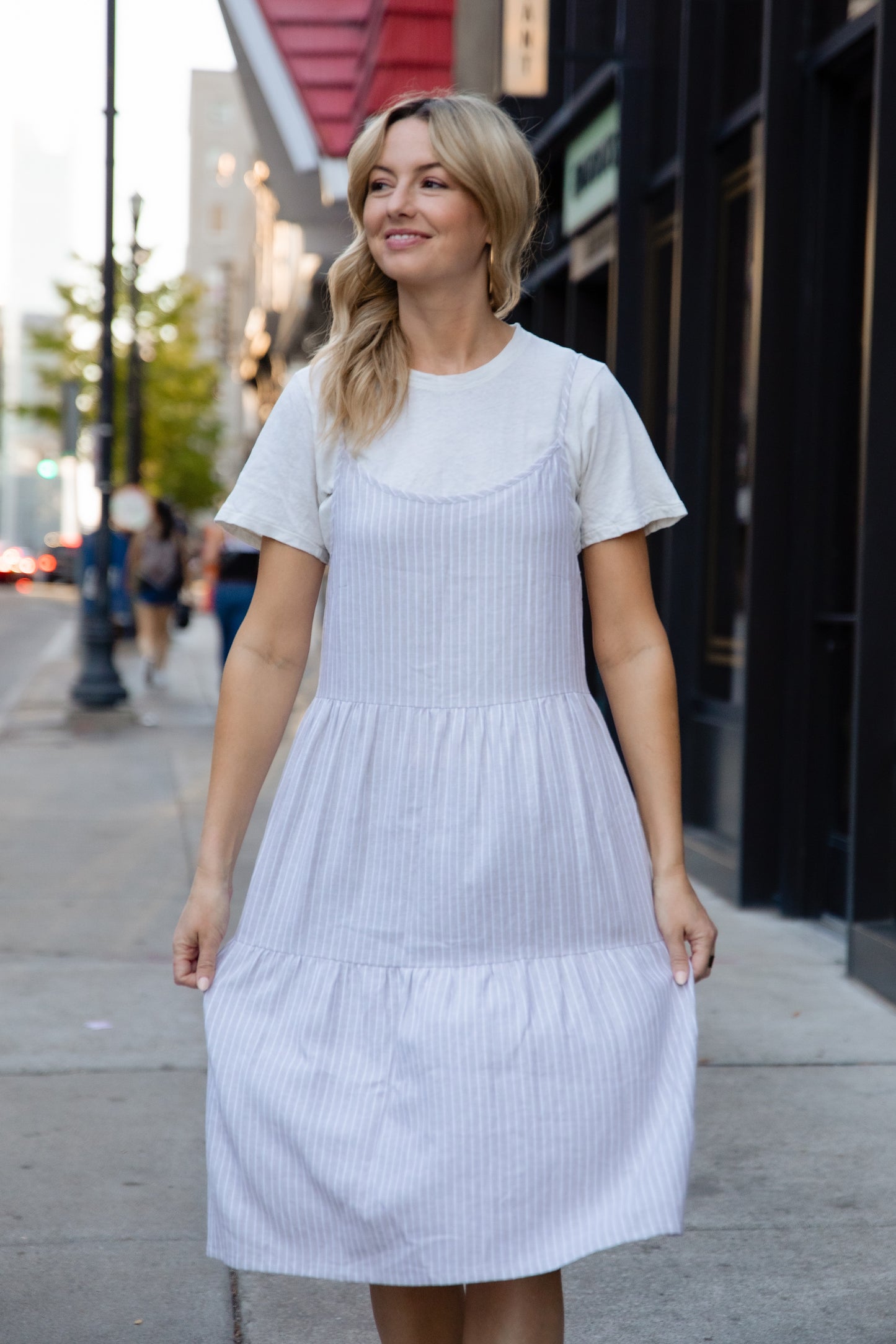 Lena Tiered Linen Dress in Beige and White Stripe