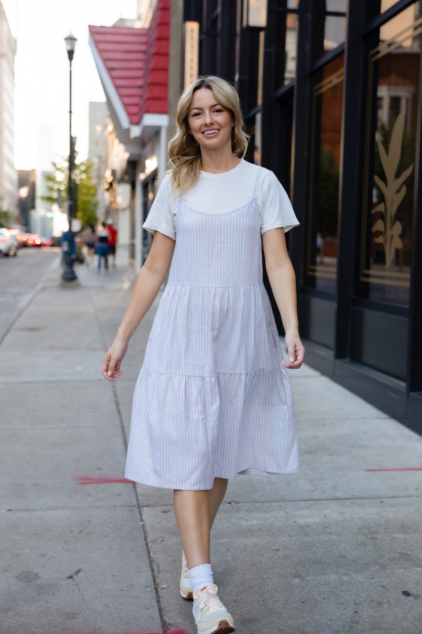 Lena Tiered Linen Dress in Beige and White Stripe