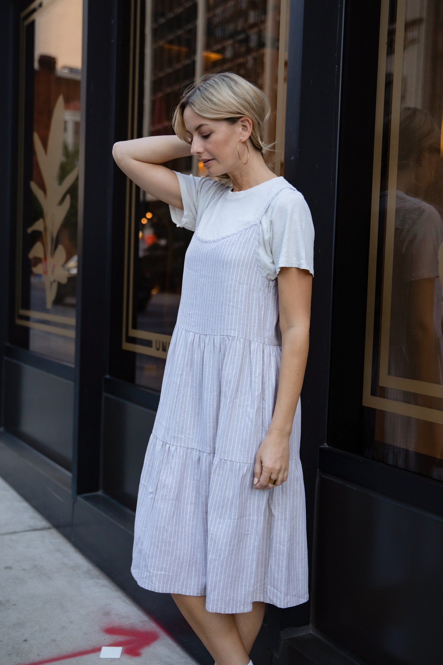 Lena Tiered Linen Dress in Beige and White Stripe