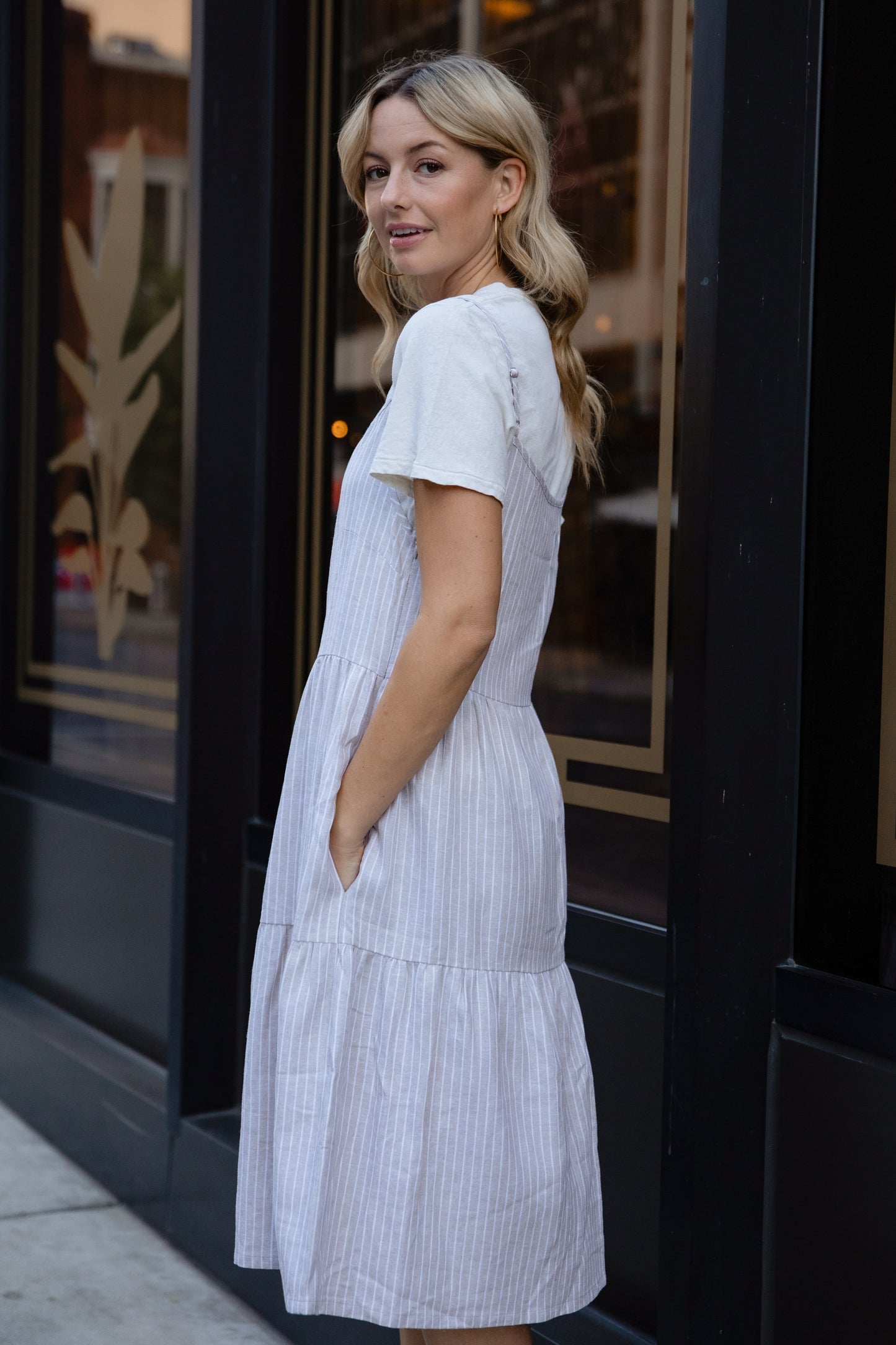 Lena Tiered Linen Dress in Beige and White Stripe