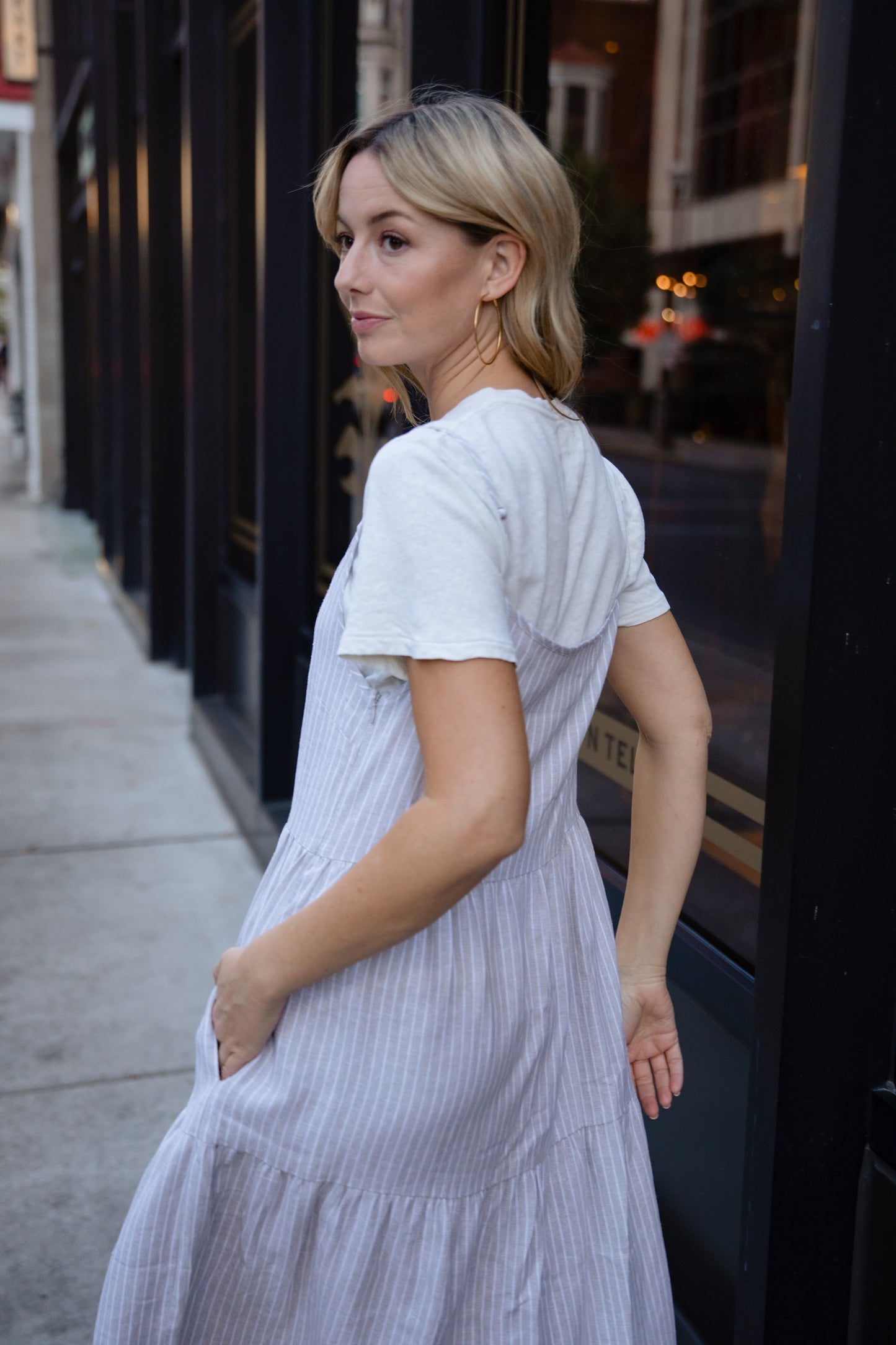 Lena Tiered Linen Dress in Beige and White Stripe