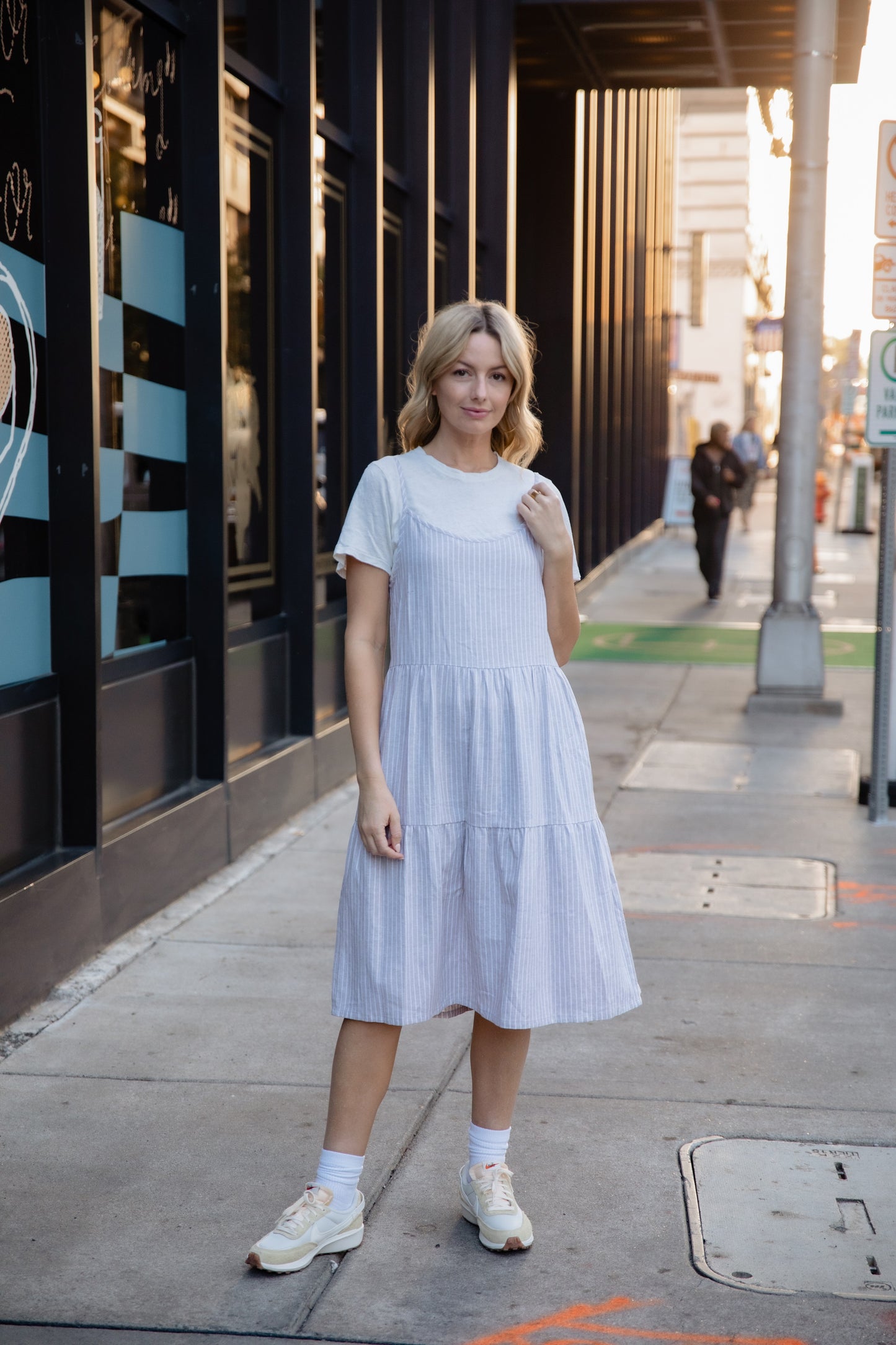 Lena Tiered Linen Dress in Beige and White Stripe