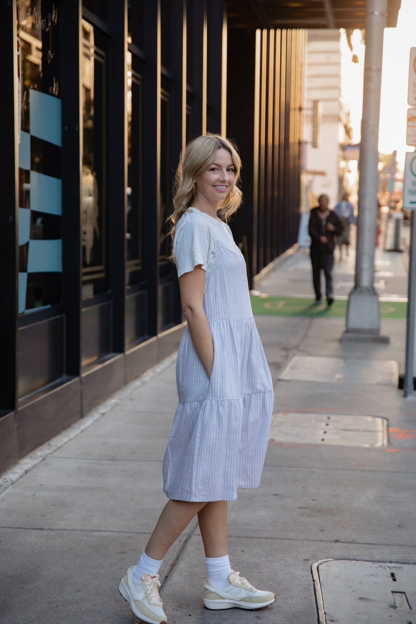 Lena Tiered Linen Dress in Beige and White Stripe