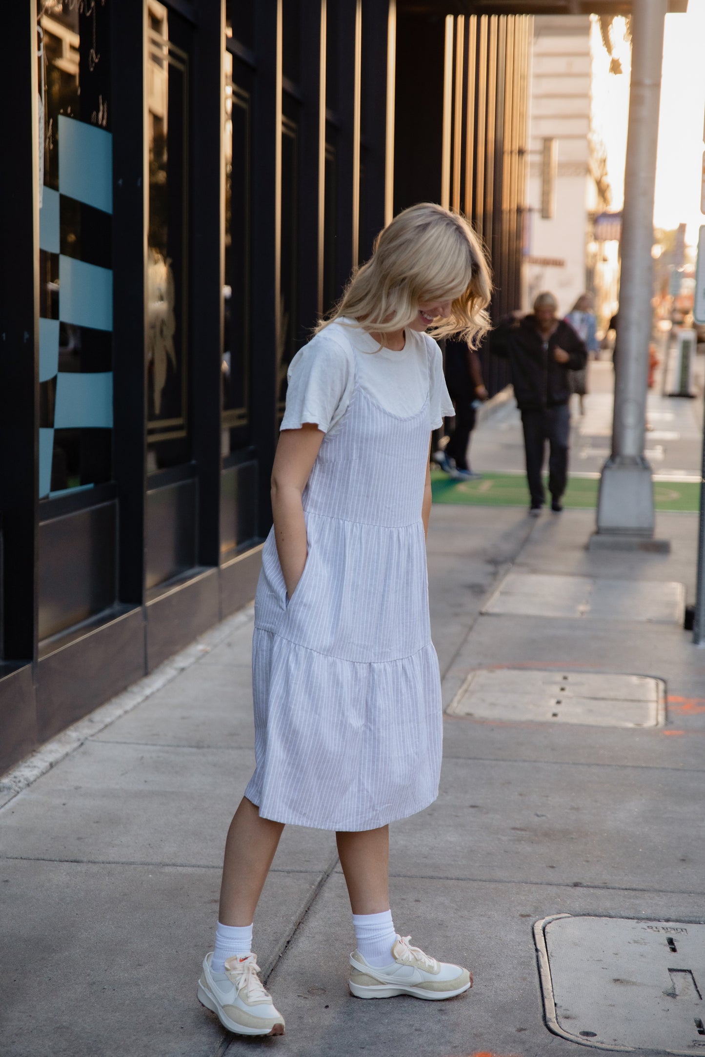 Lena Tiered Linen Dress in Beige and White Stripe