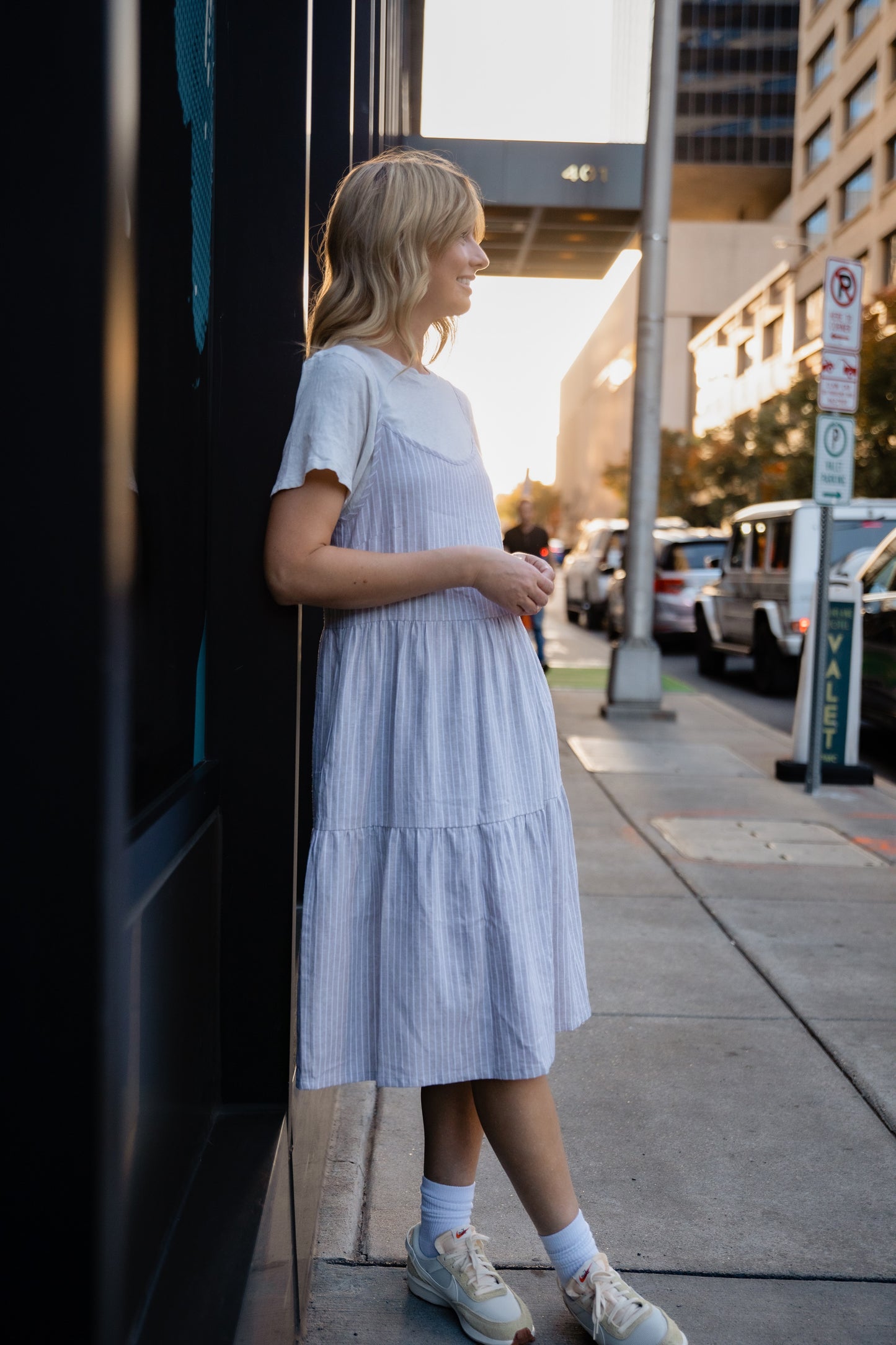 Lena Tiered Linen Dress in Beige and White Stripe