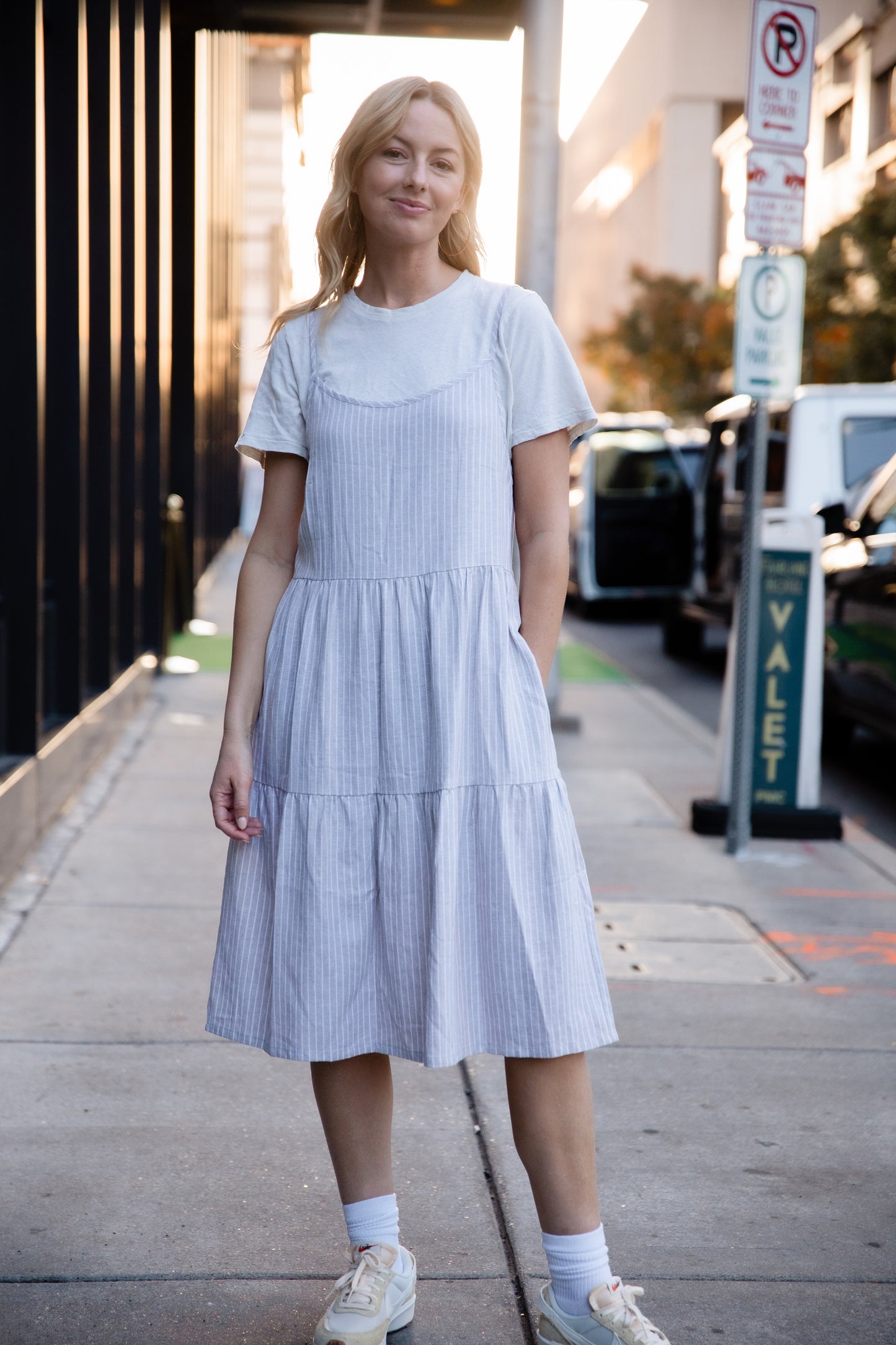 Lena Tiered Linen Dress in Beige and White Stripe