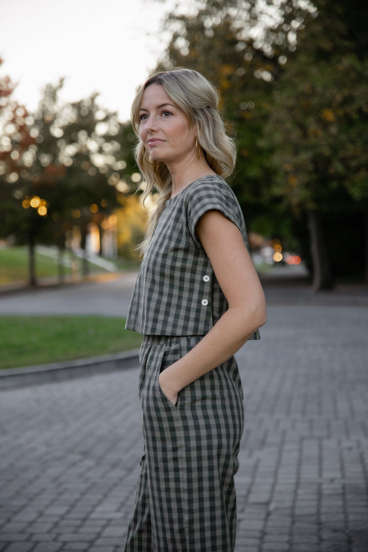 Katie Handwoven Cotton Set in Green Gingham - Shirts Left
