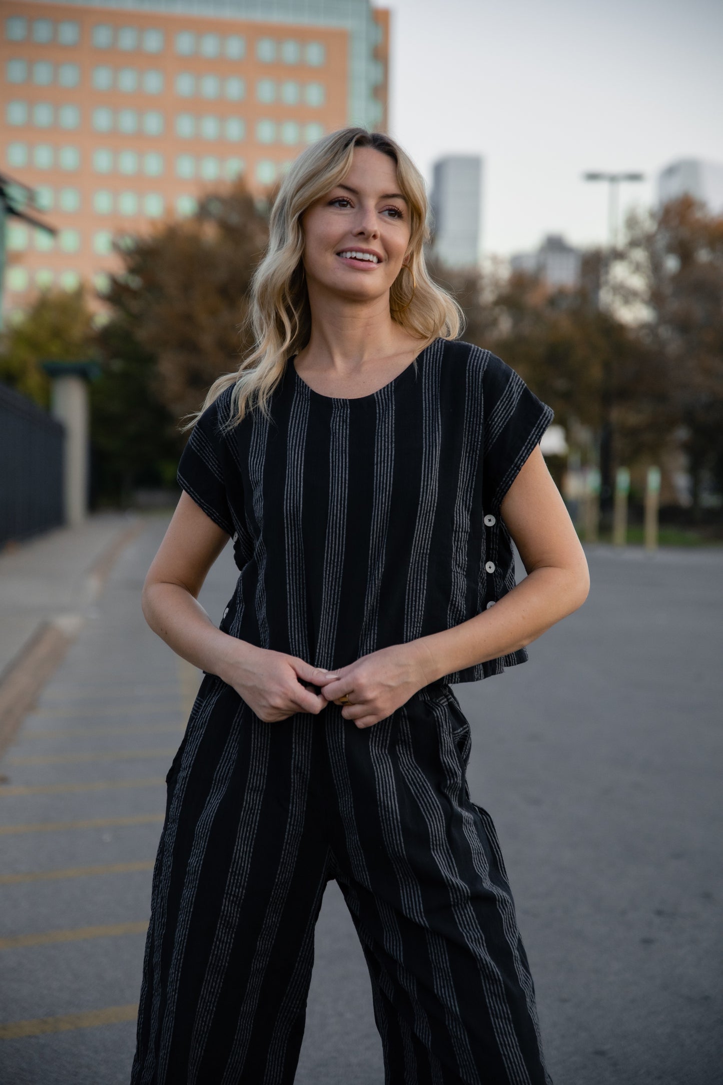 Katie Handwoven Cotton Set in Black and White Stripe - M, L and XL Left