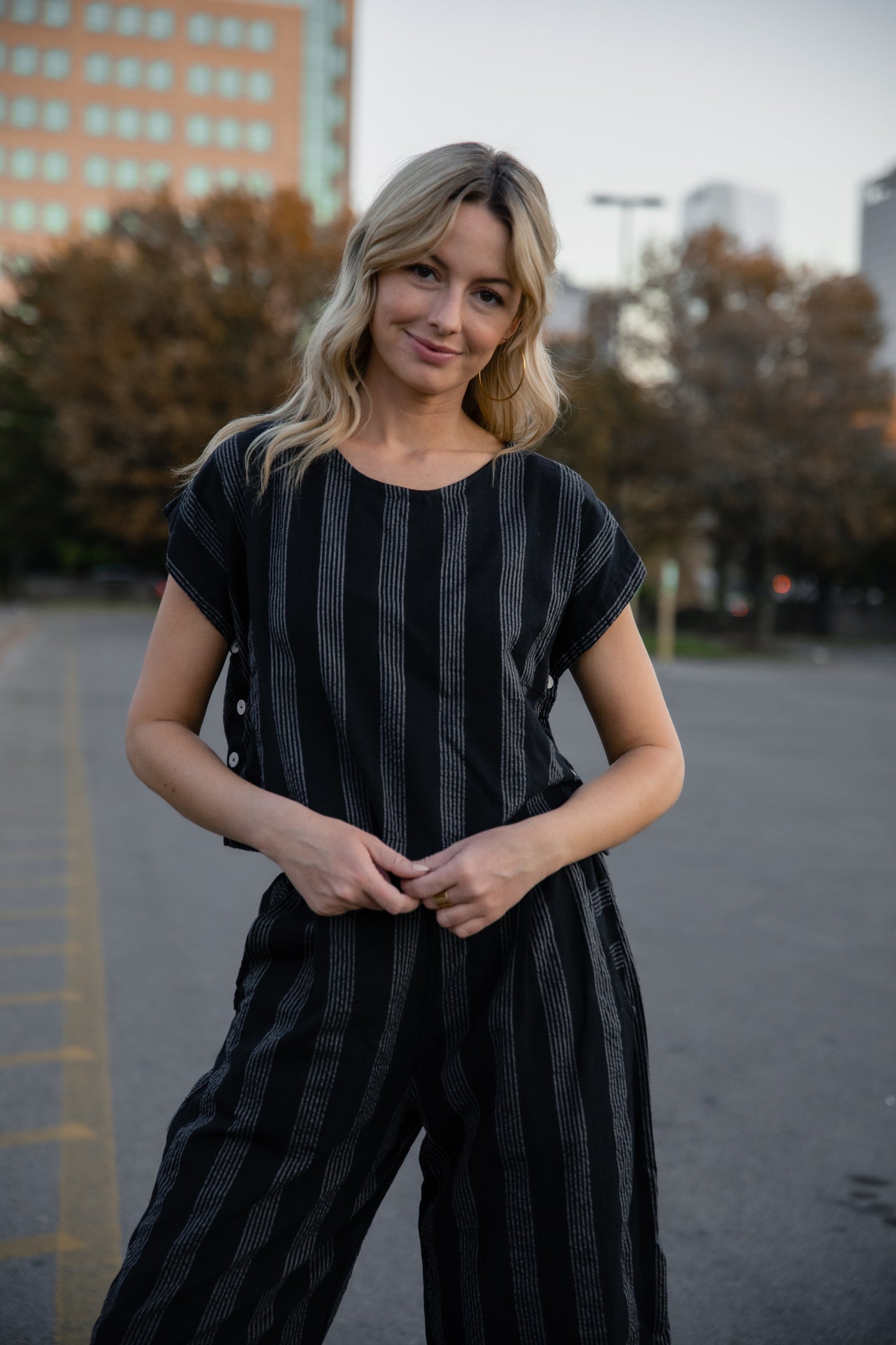 Katie Handwoven Cotton Set in Black and White Stripe - M, L and XL Left