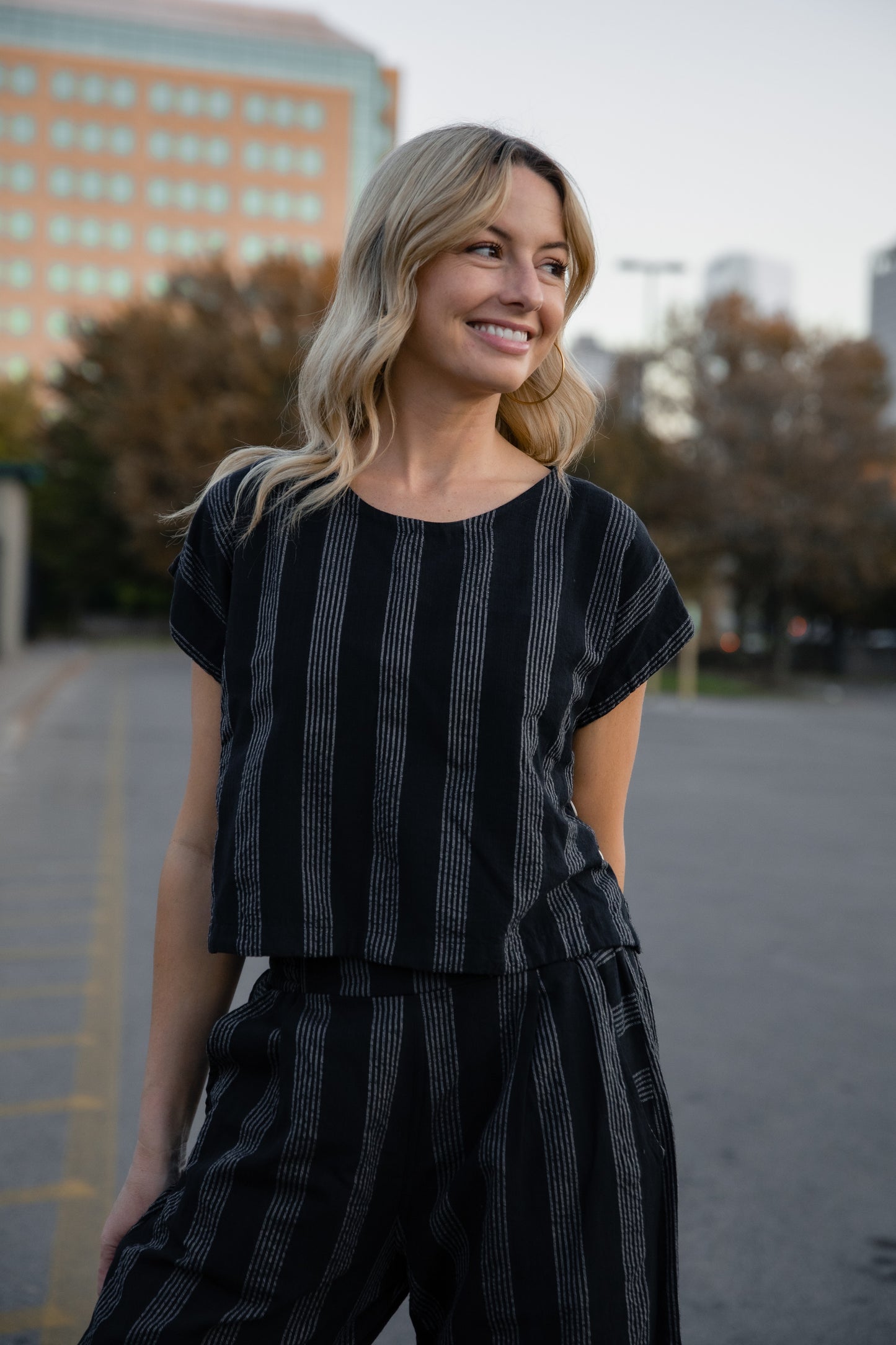 Katie Handwoven Cotton Set in Black and White Stripe - M, L and XL Left