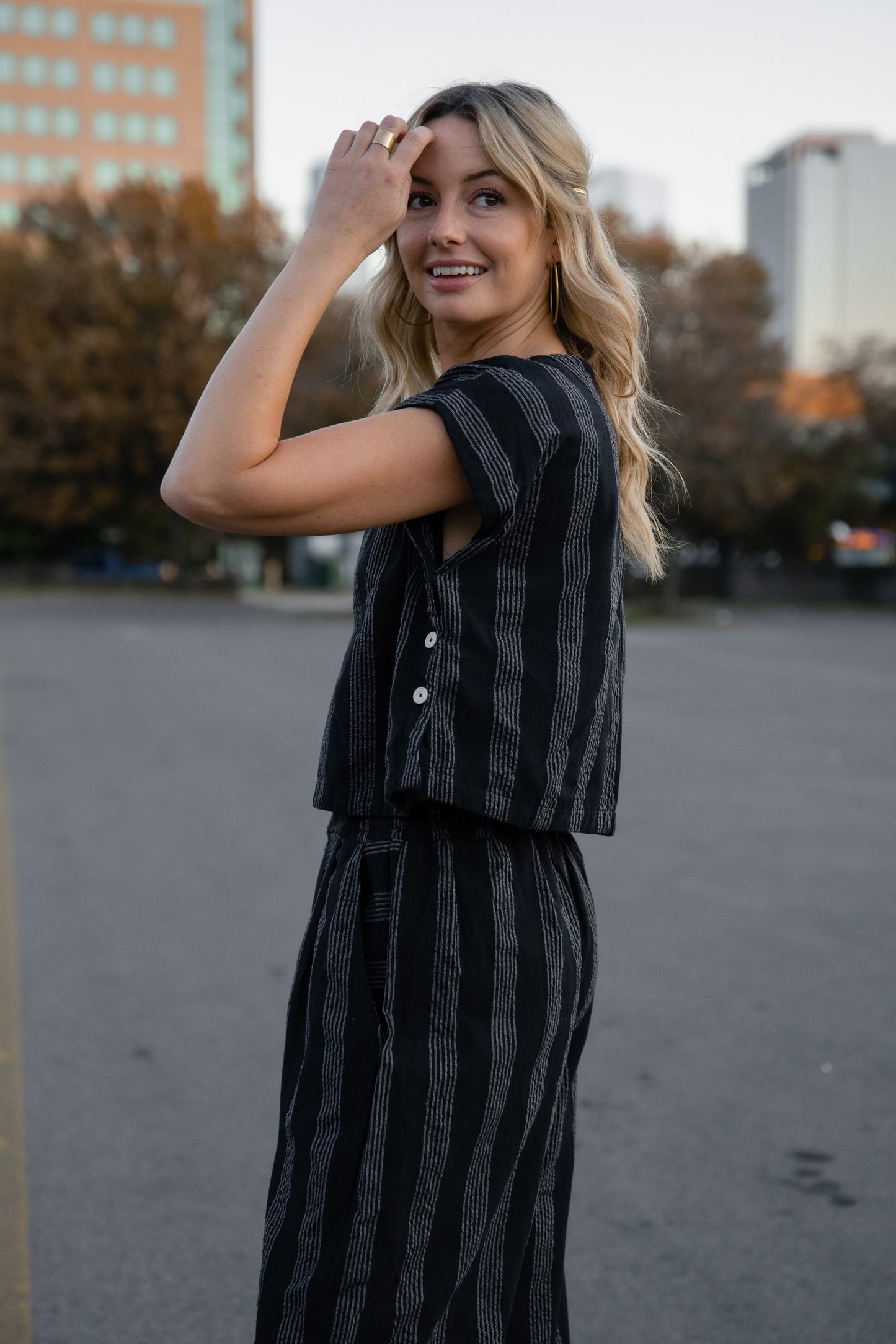 Katie Handwoven Cotton Set in Black and White Stripe - M, L and XL Left