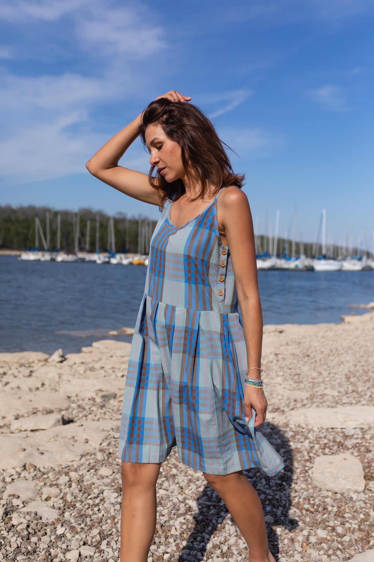 Katarina Handwoven Cotton Dress in Teal Plaid
