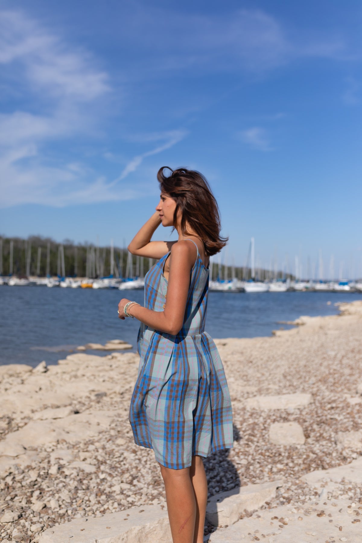Katarina Handwoven Cotton Dress in Teal Plaid