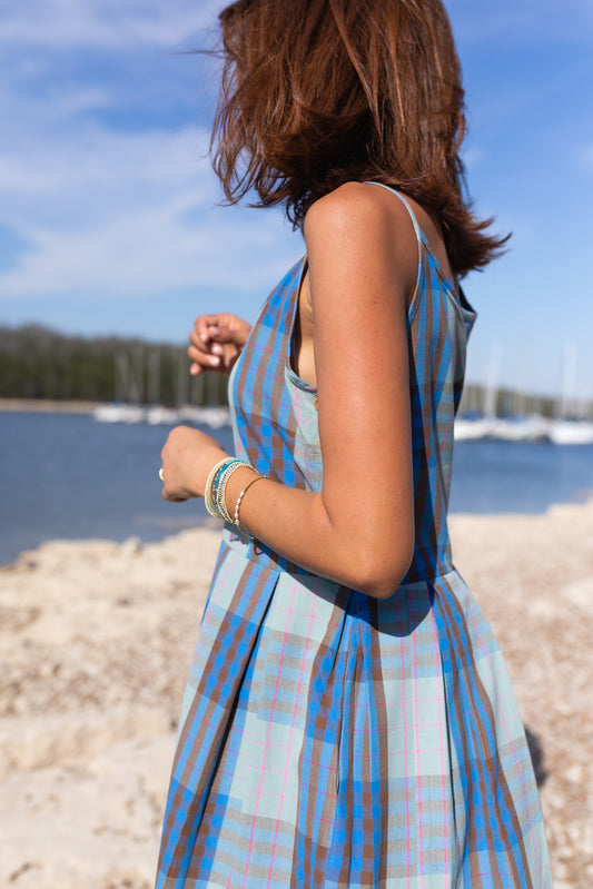 Katarina Handwoven Cotton Dress in Teal Plaid