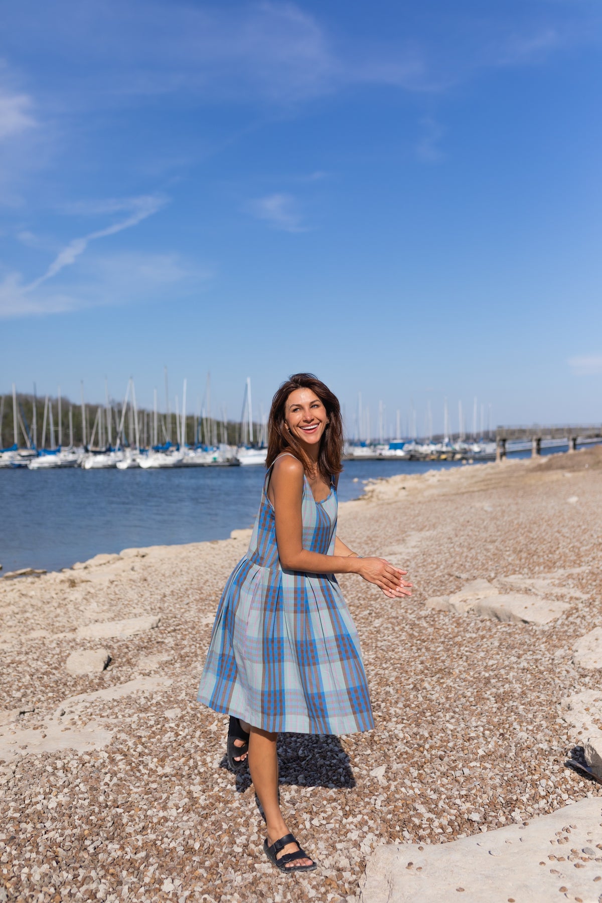 Katarina Handwoven Cotton Dress in Teal Plaid