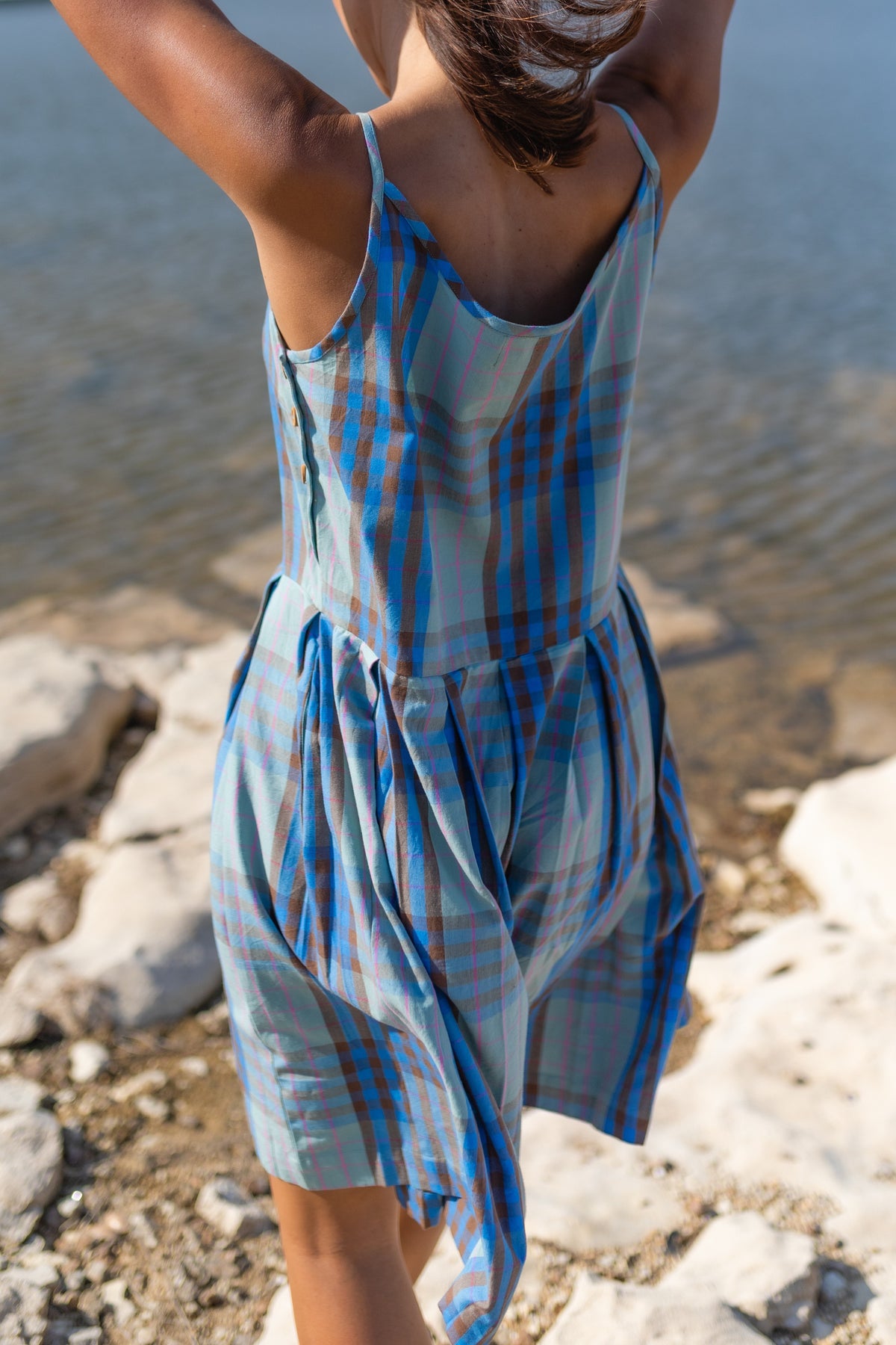 Katarina Handwoven Cotton Dress in Teal Plaid