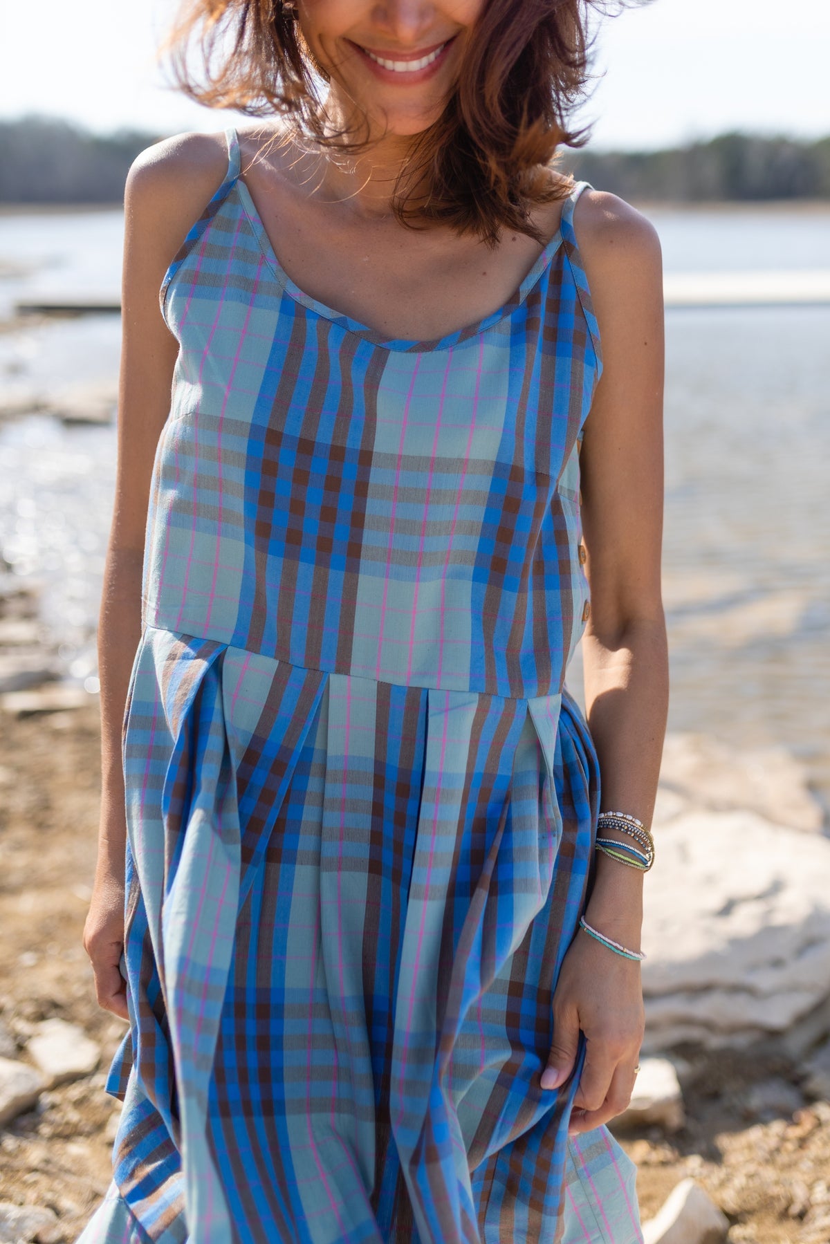 Katarina Handwoven Cotton Dress in Teal Plaid