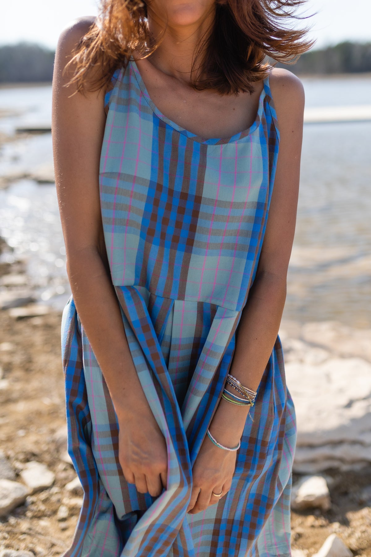 Katarina Handwoven Cotton Dress in Teal Plaid