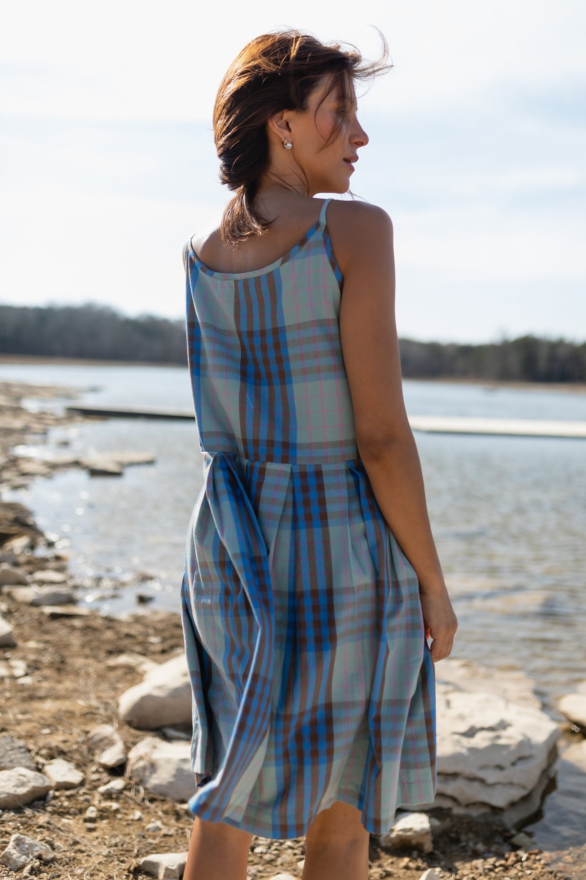 Katarina Handwoven Cotton Dress in Teal Plaid