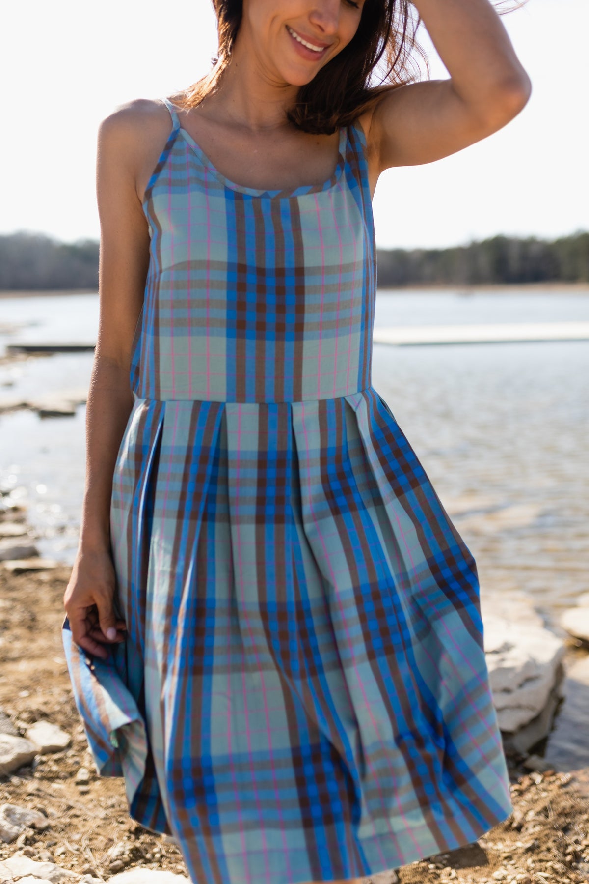 Katarina Handwoven Cotton Dress in Teal Plaid
