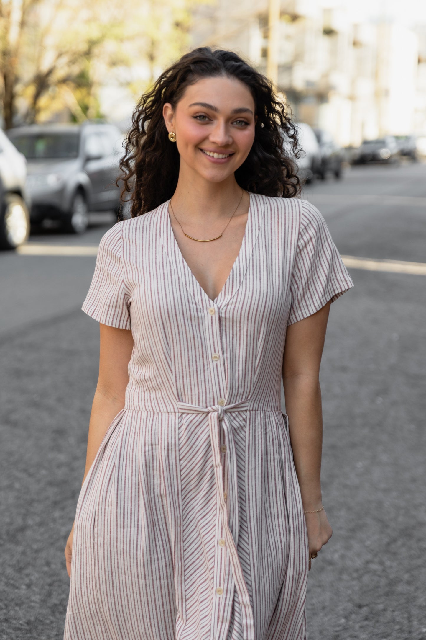 June Dress in Red and White Striped Linen