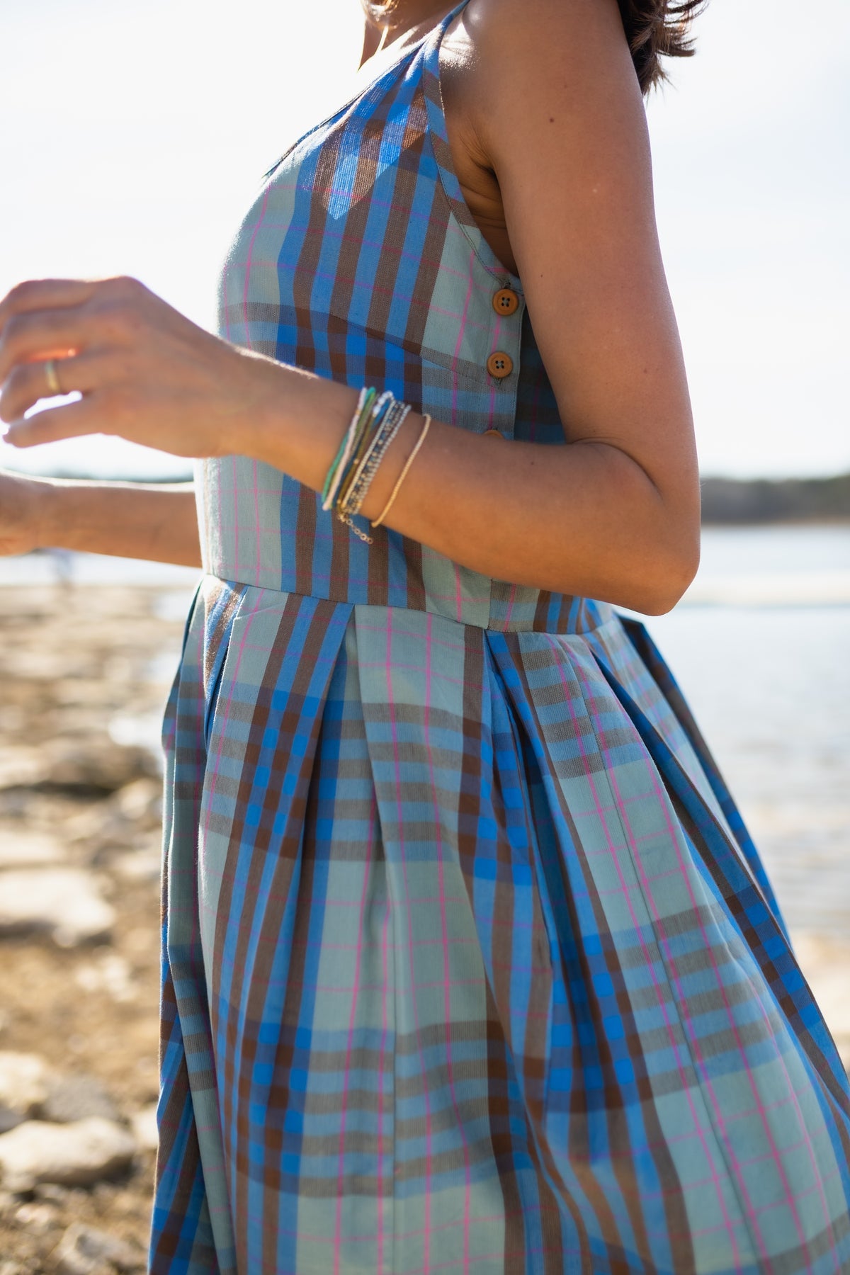 Katarina Handwoven Cotton Dress in Teal Plaid