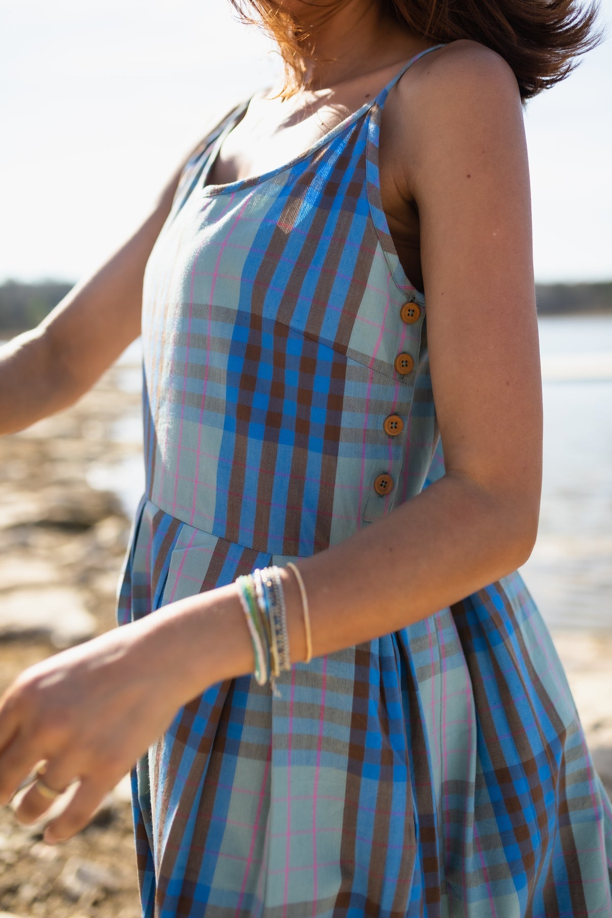 Katarina Handwoven Cotton Dress in Teal Plaid
