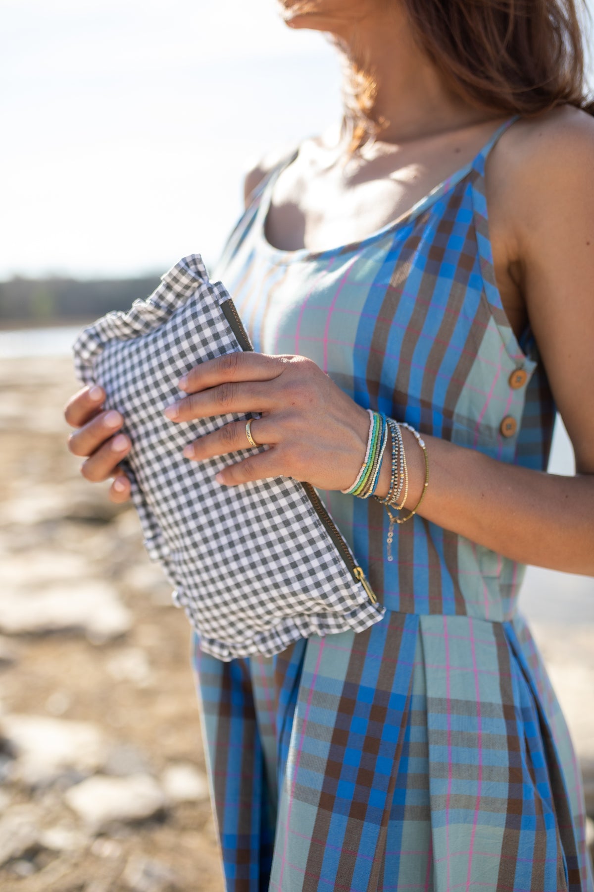 Katarina Handwoven Cotton Dress in Teal Plaid