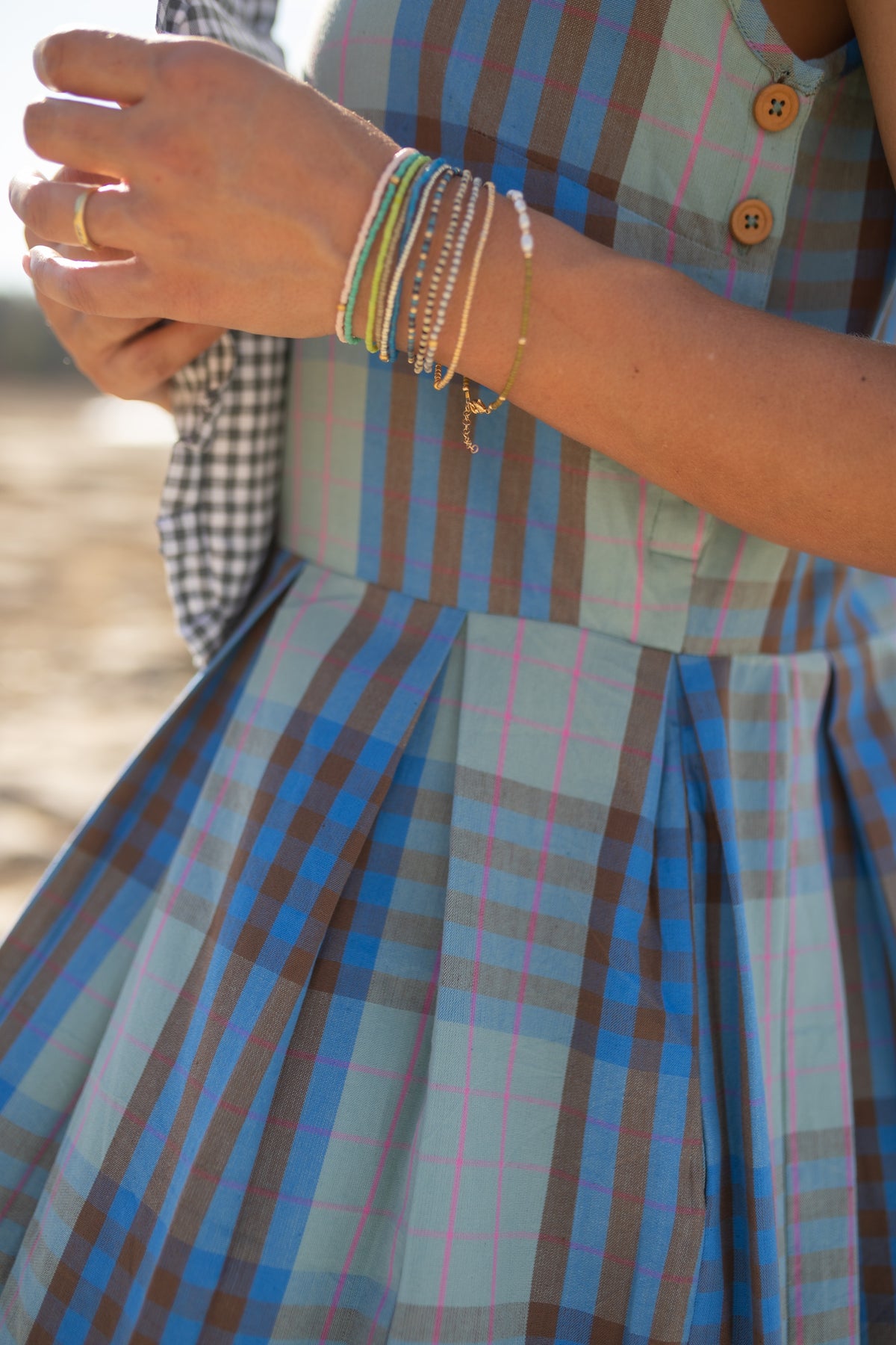Katarina Handwoven Cotton Dress in Teal Plaid