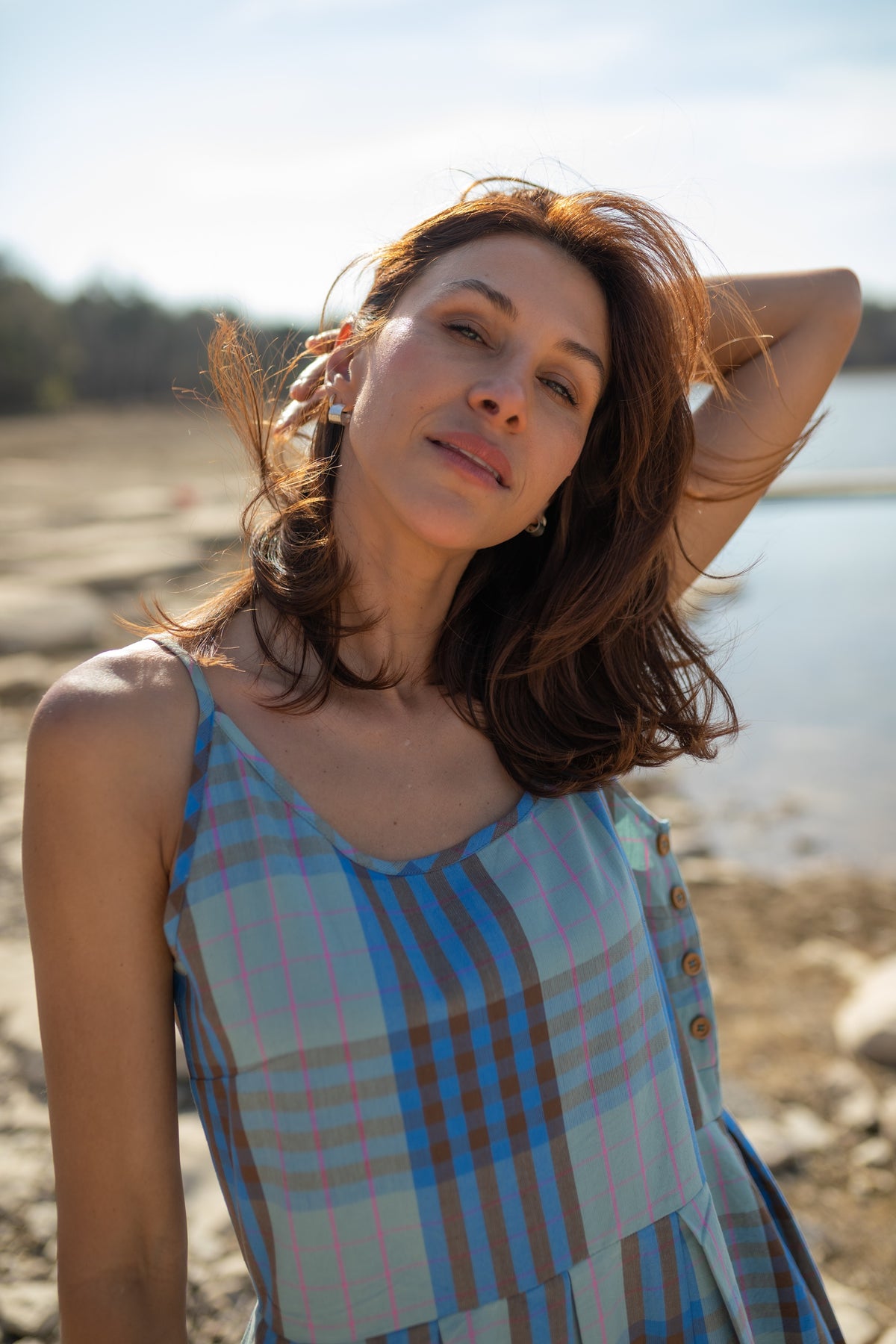 Katarina Handwoven Cotton Dress in Teal Plaid