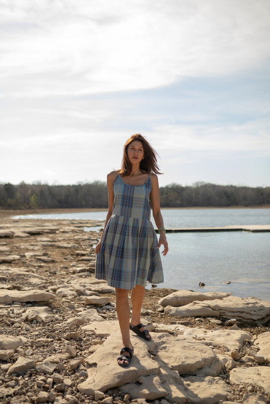 Katarina Handwoven Cotton Dress in Teal Plaid