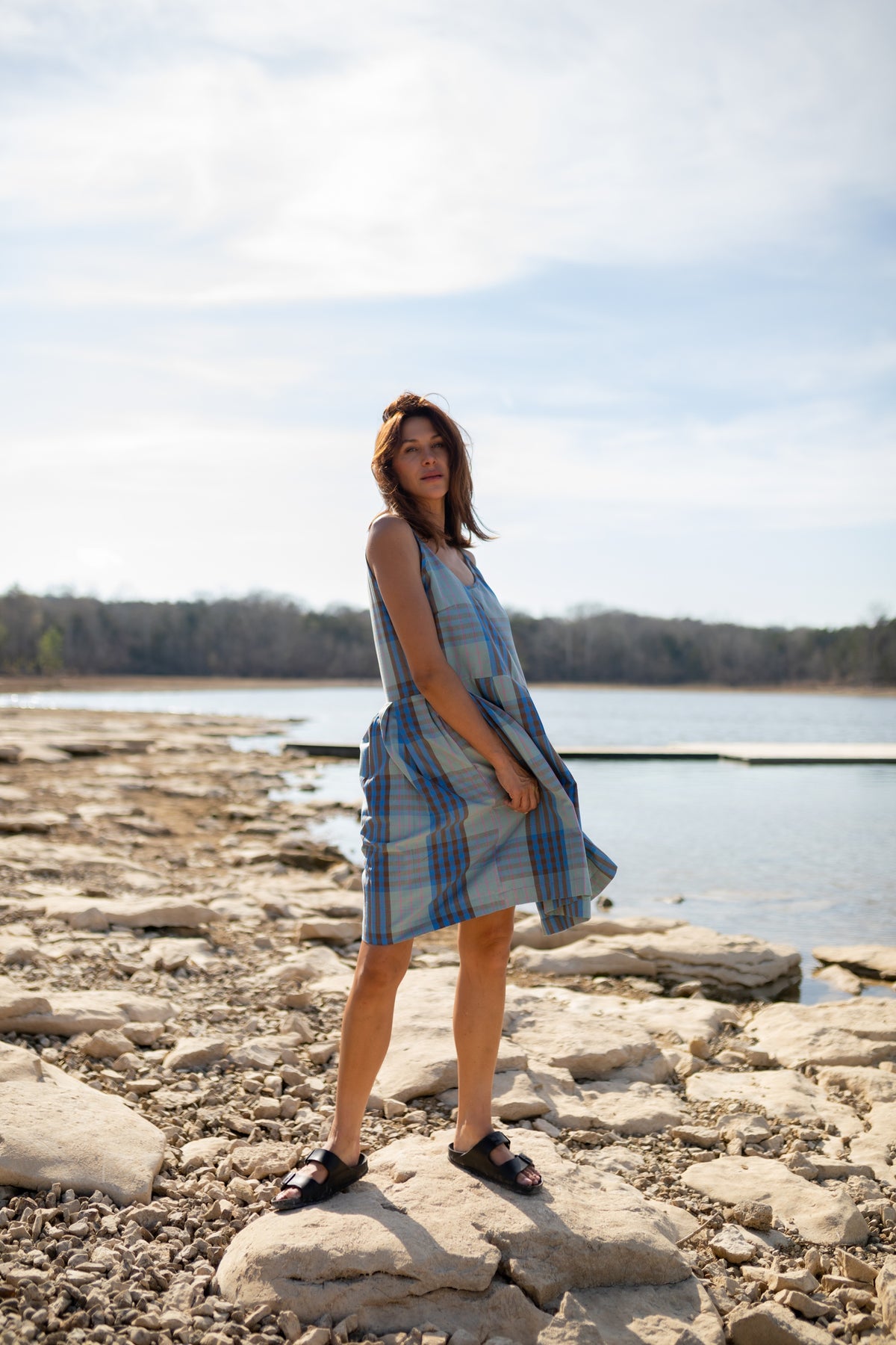 Katarina Handwoven Cotton Dress in Teal Plaid