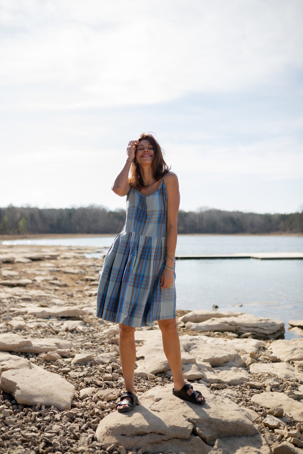 Katarina Handwoven Cotton Dress in Teal Plaid