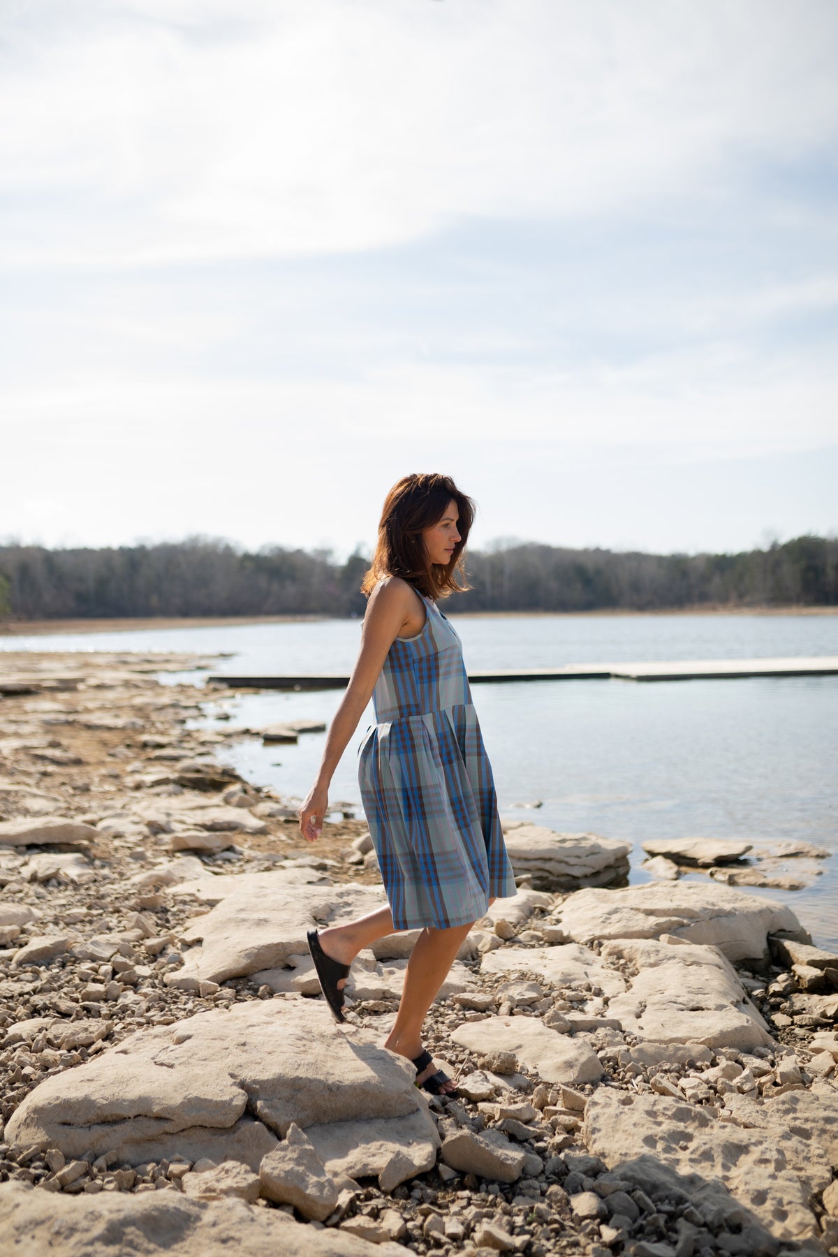 Katarina Handwoven Cotton Dress in Teal Plaid