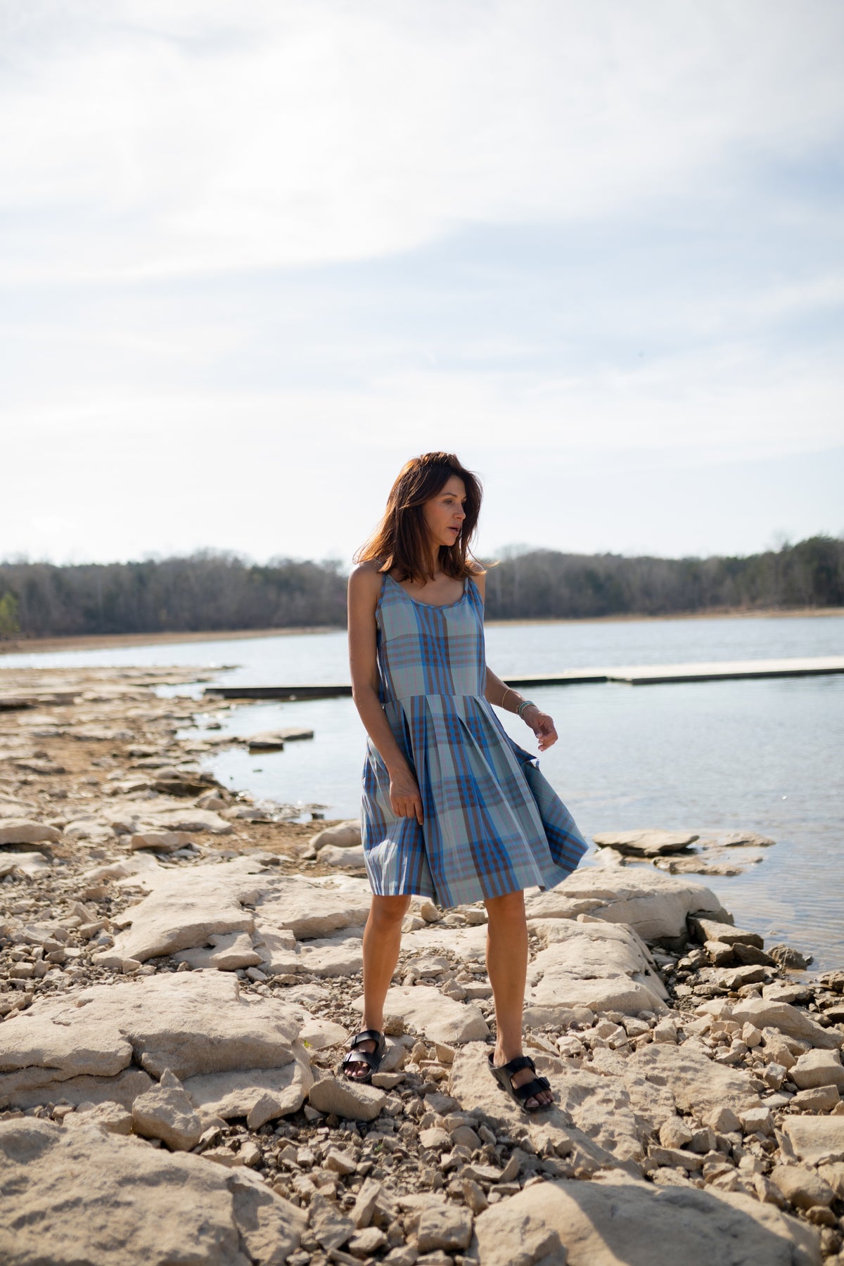 Katarina Handwoven Cotton Dress in Teal Plaid