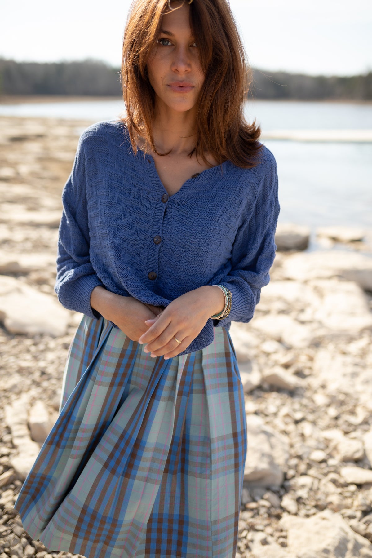 Katarina Handwoven Cotton Dress in Teal Plaid