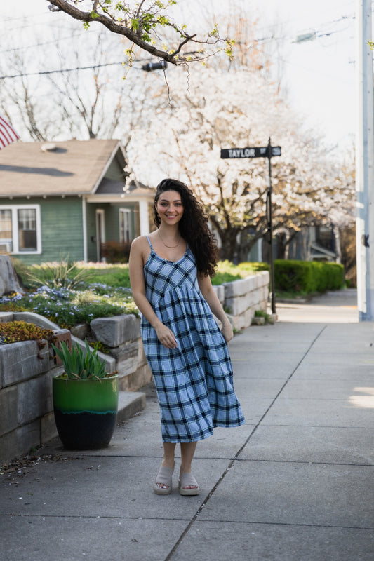 Linen Faro Dress in Blue Picnic Plaid