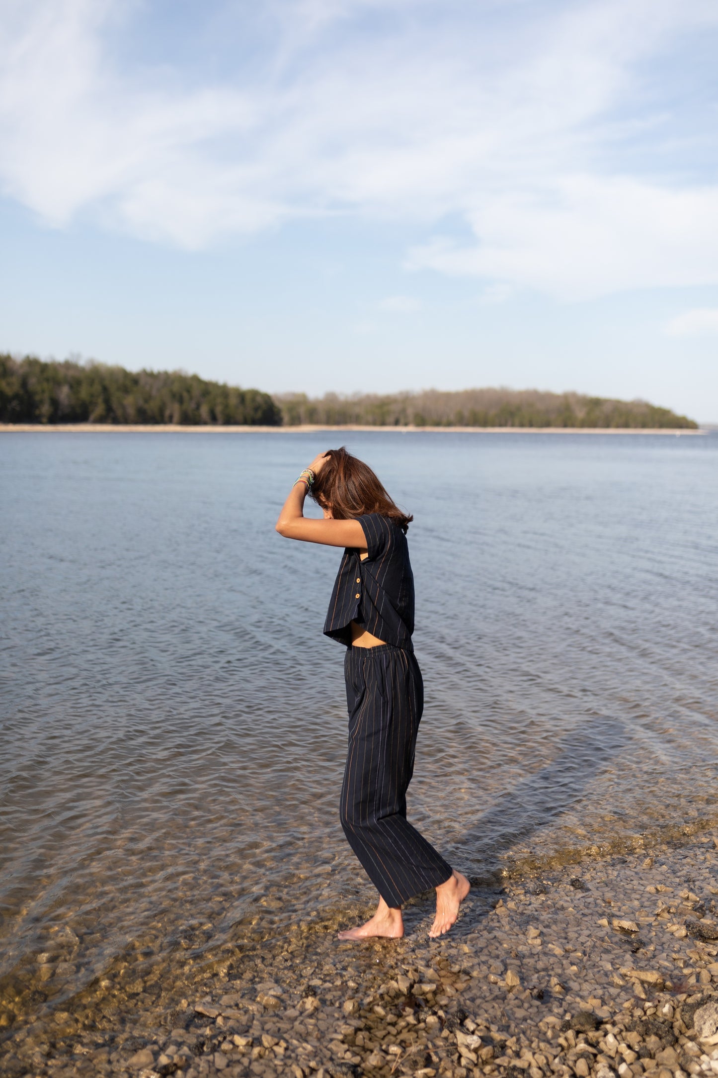 Katie Handwoven Cotton Set in Navy Pin Stripe
