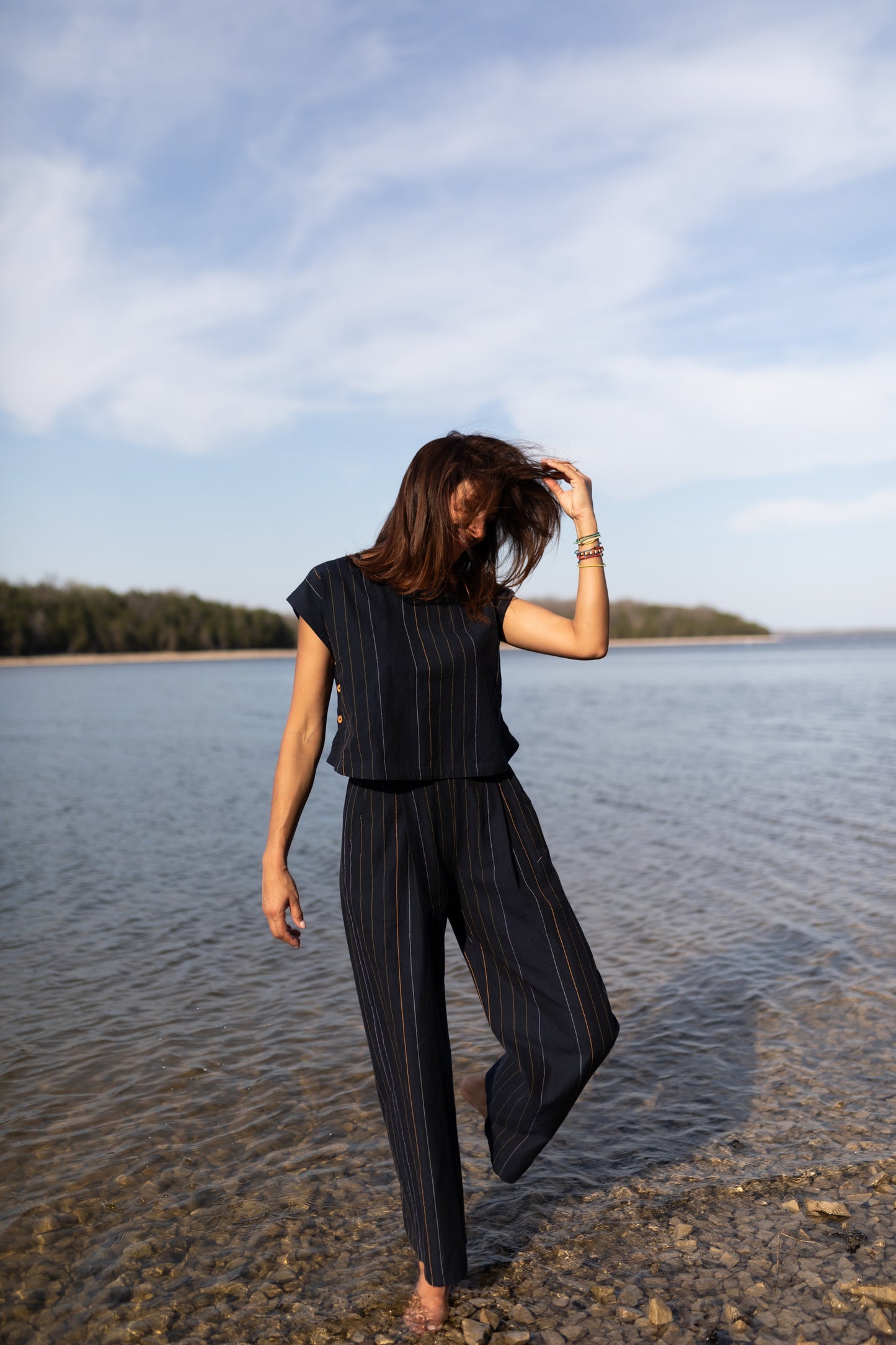 Katie Handwoven Cotton Set in Navy Pin Stripe