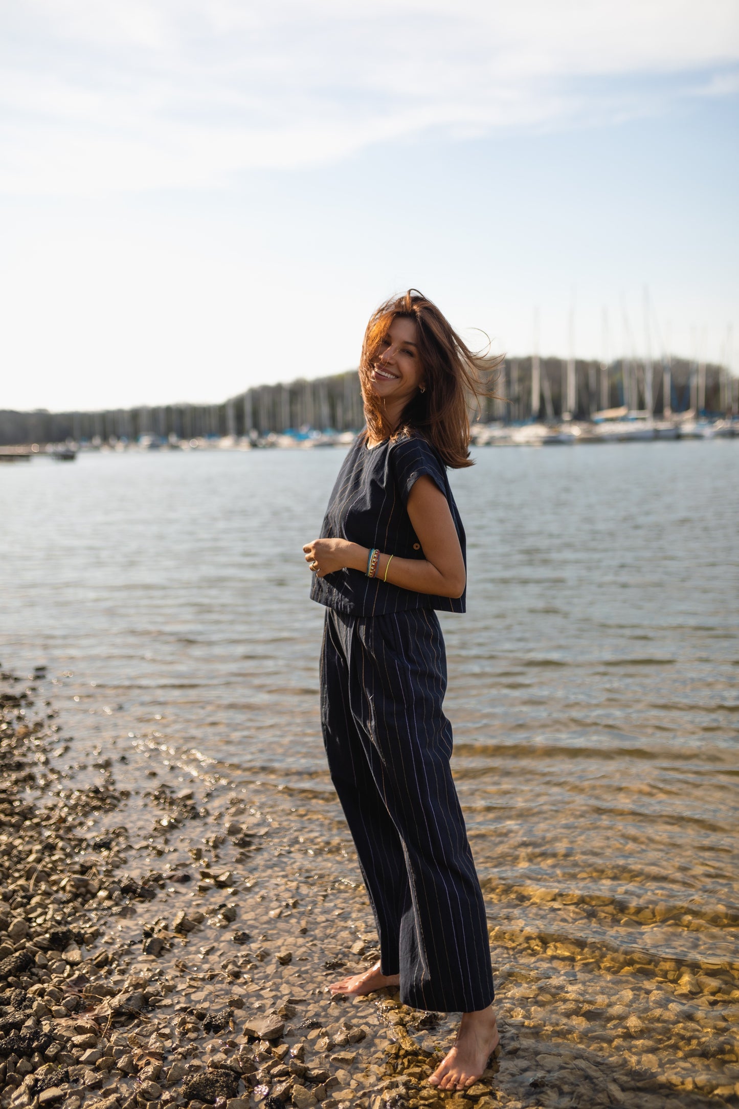 Katie Handwoven Cotton Set in Navy Pin Stripe