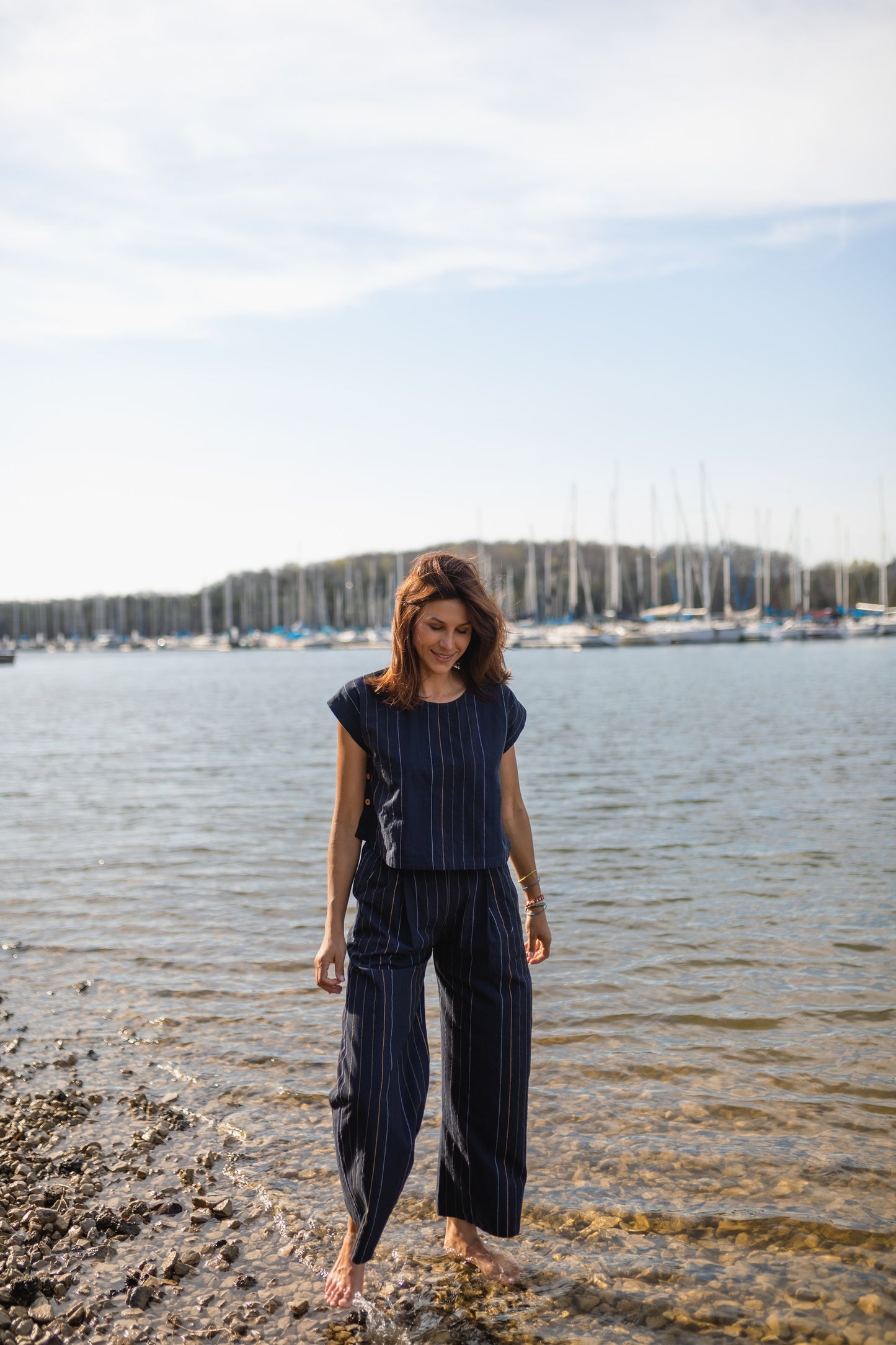 Katie Handwoven Cotton Set in Navy Pin Stripe