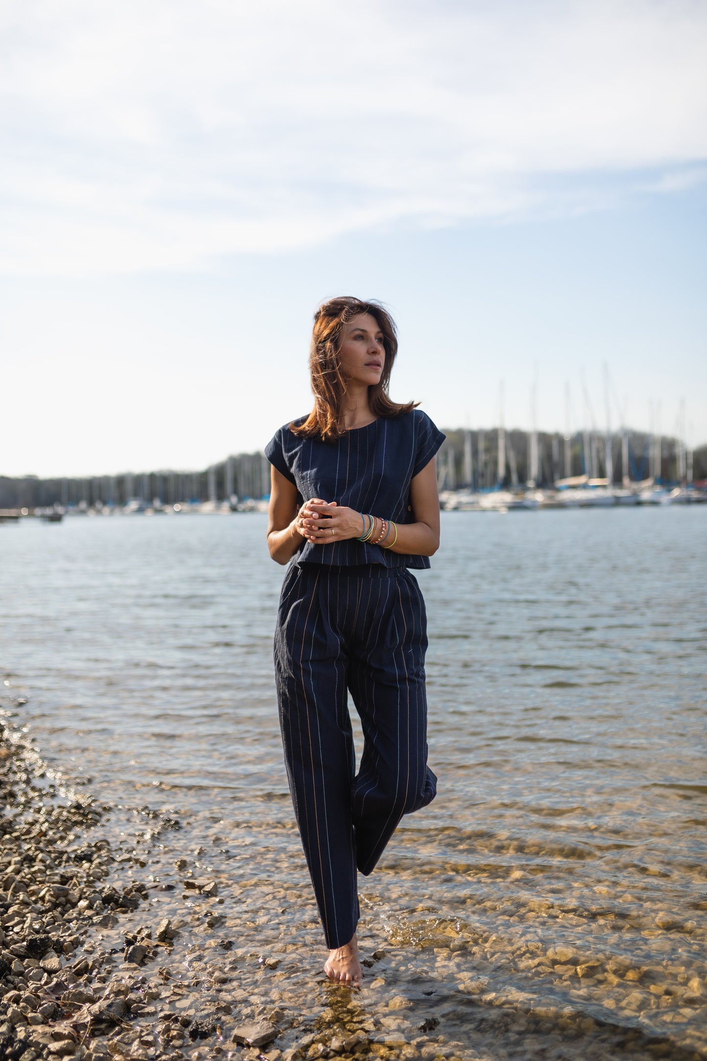 Katie Handwoven Cotton Set in Navy Pin Stripe